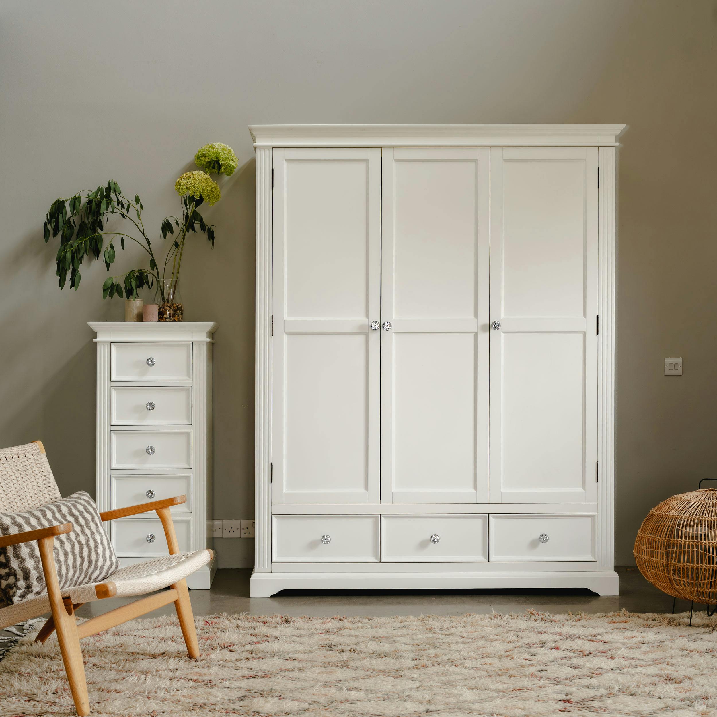 Rackhams White Gainsborough Three Door, Tree Drawer Wardrobe With Crystal Handles - Large - Mdf & Pine