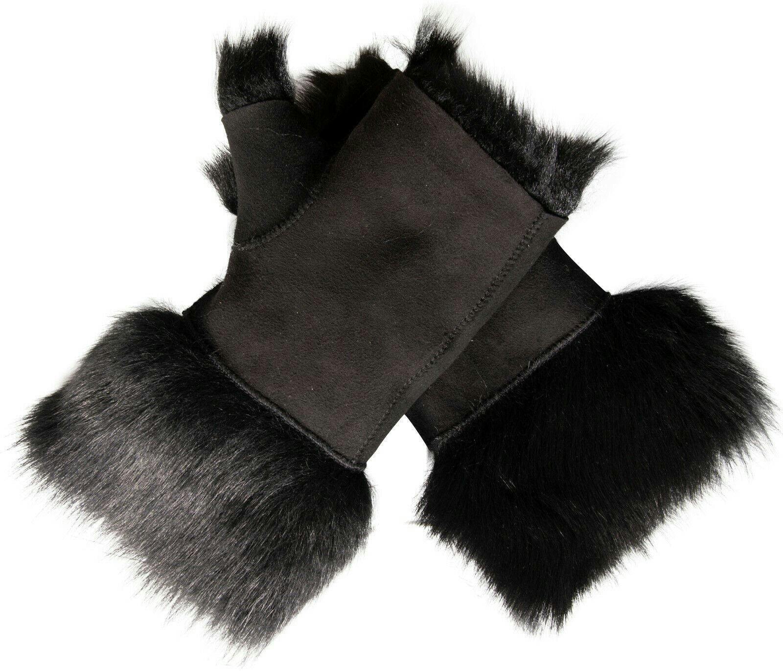 Infinity Leather Women's Black Shearling Mittens Fingerless Cuffs Toscana Suede Sheepskin Fur - One Size