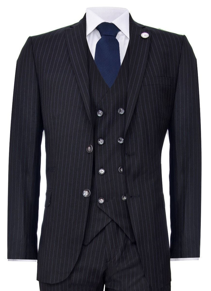 Truclothing Men's Black 3 Piece Pinstripe Retro Suit - 44" Jacket 38" Trousers
