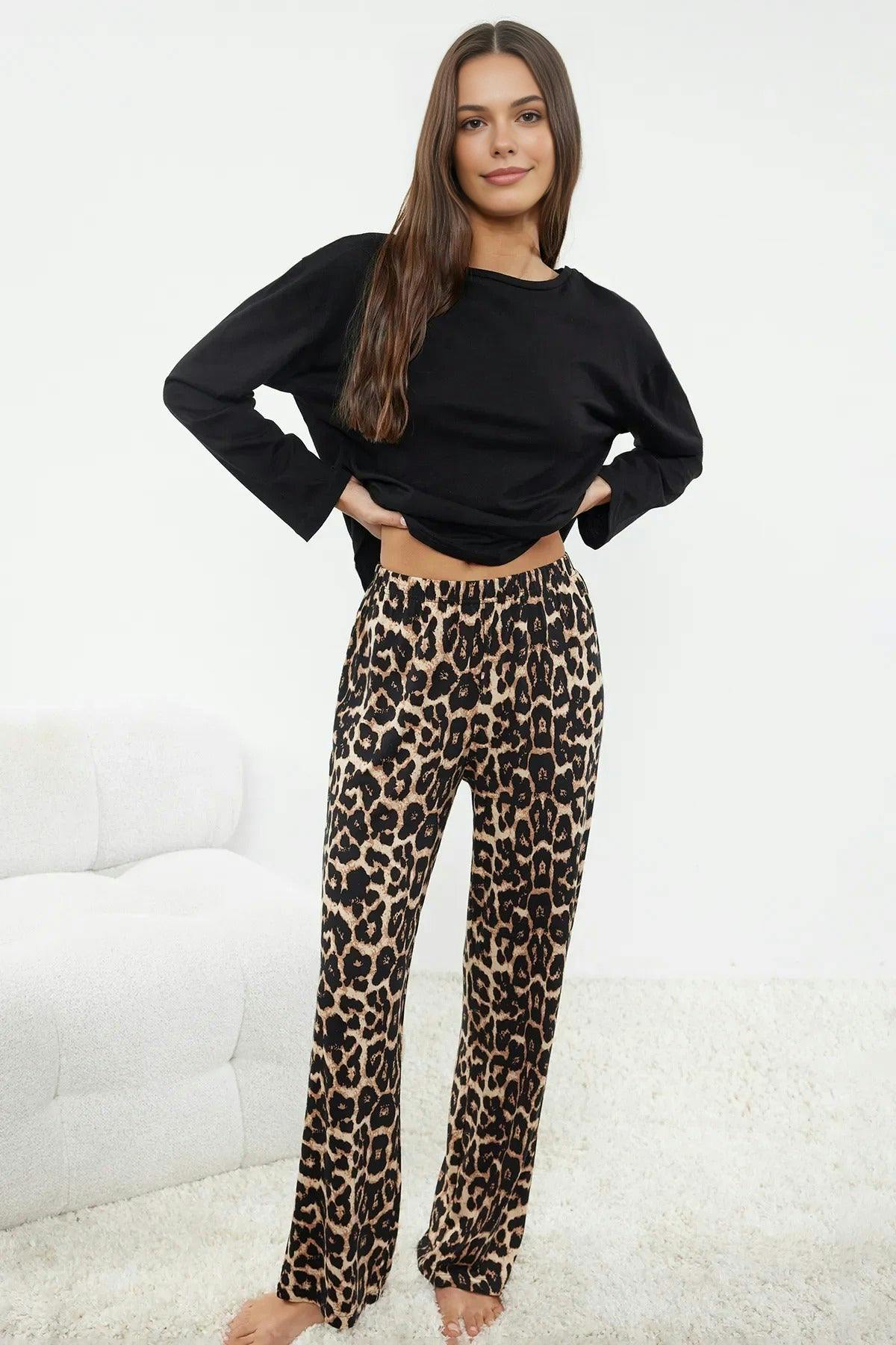 Wovcor Black 2- Piece Cotton Knit Pajama Set With Leopard Print - Xl