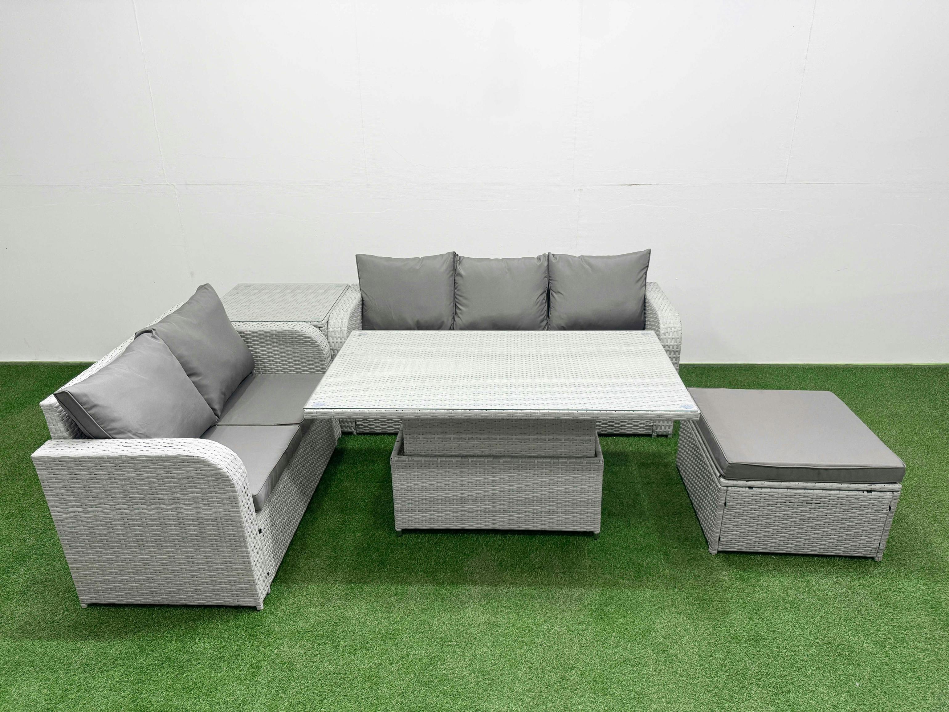 Fimous Light/Grey 6 Seater Rattan Lounge Set, Garden Furniture, Adj Height Table, 3 Seater Sofa, Love Sofa, Big Footstool And Side Table,
