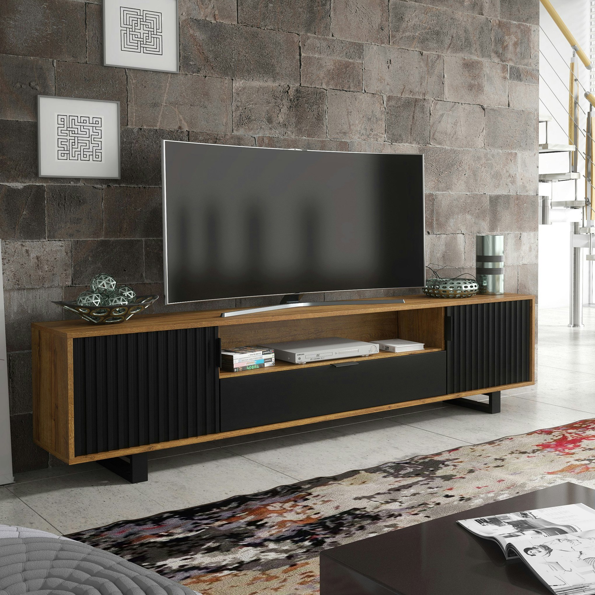Mex Furniture Black Milled 200Cm Tv Unit With Oak Matt Body And Milled-Front Doors - 200Cm - 1 - Mdf/Chipboard