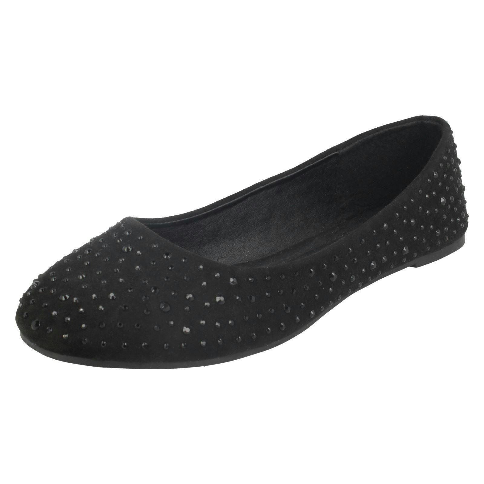 Spot On Women's Black Flat Diamante Ballerinas - Uk 6