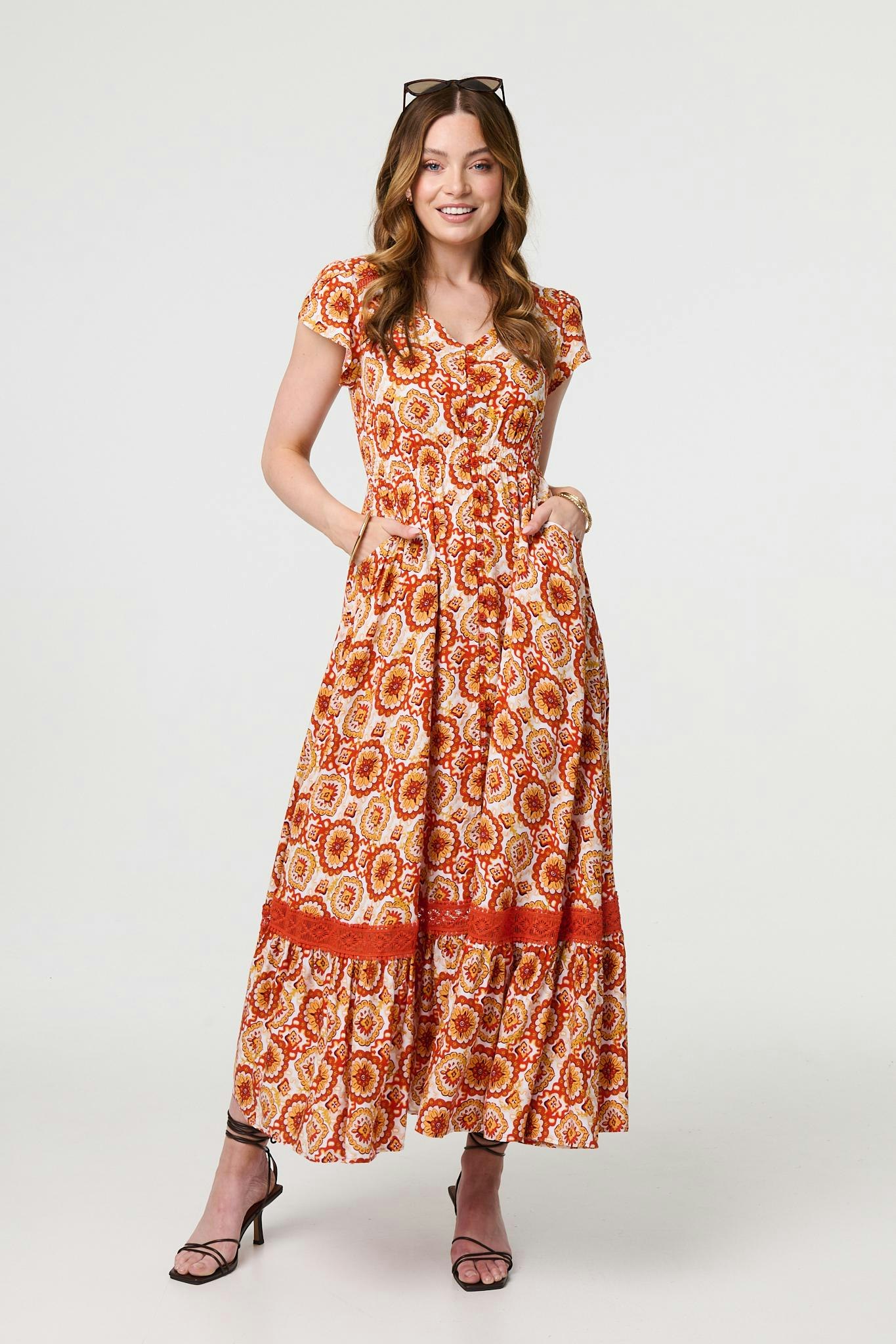Izabel London Orange Paisley Cap Sleeve Lace Trim Maxi Dress - 12