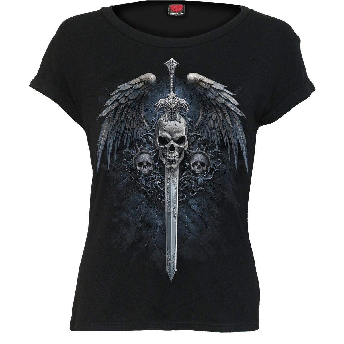 Spiral Direct Black Angel Sword - Boatneck Cap Sleeve Top - L - Digital - Digital