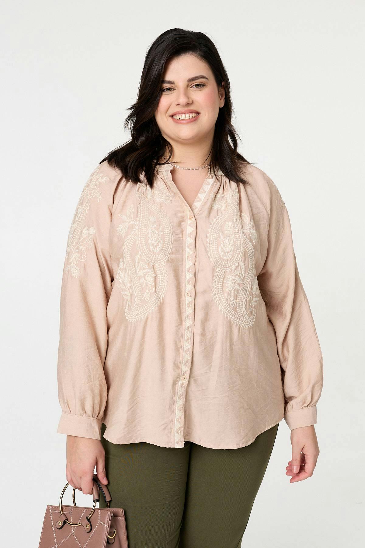 Izabel London Pink Curve Floral Embroidered Relaxed Shirt - 20/22