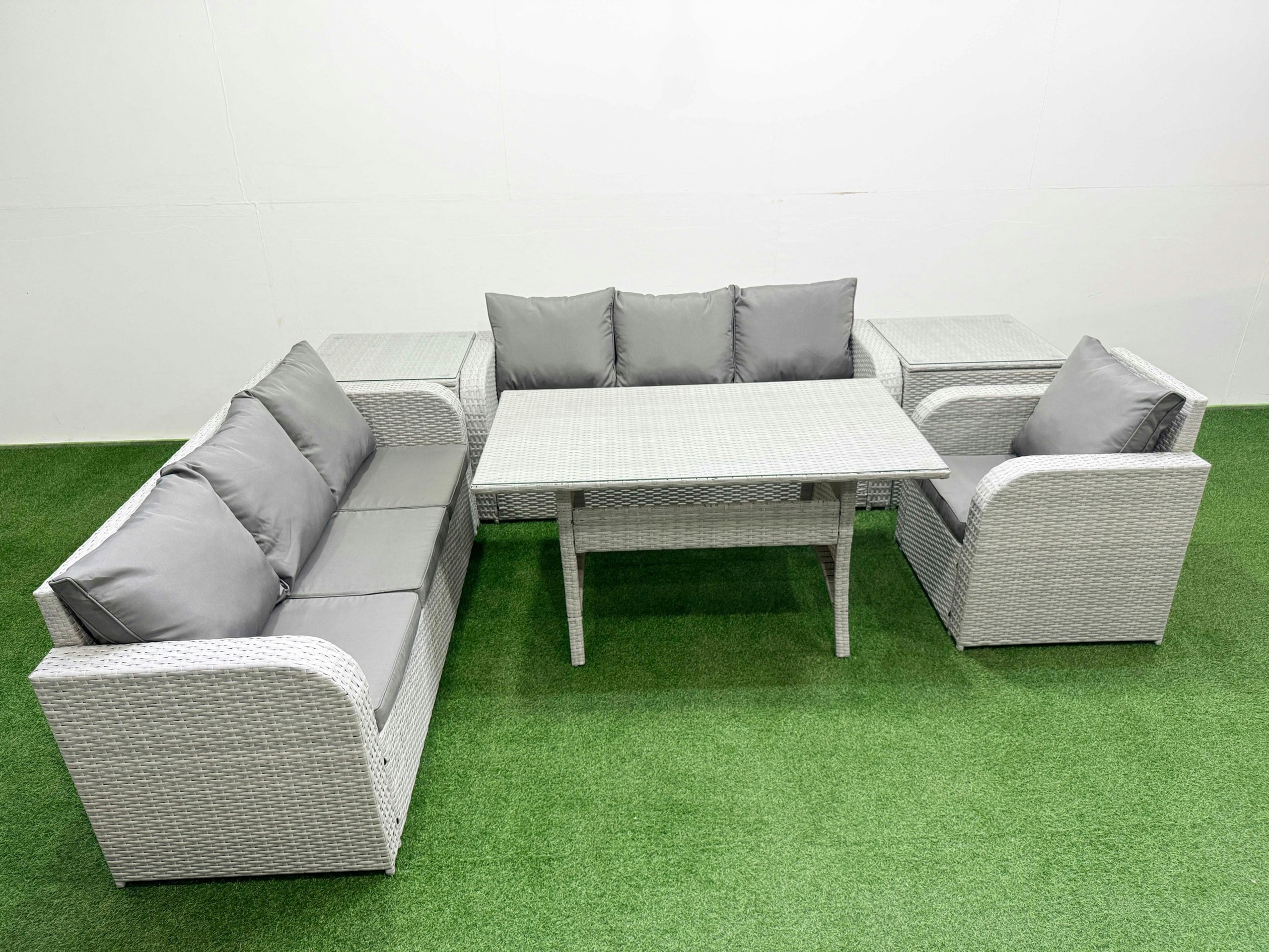 Rackhams Light/Grey 7 Seater Poly Rattan Outdoor Dining Set - Rectangular Table, 3-Seater Sofa, Reclining Chair & 2 Side Tables