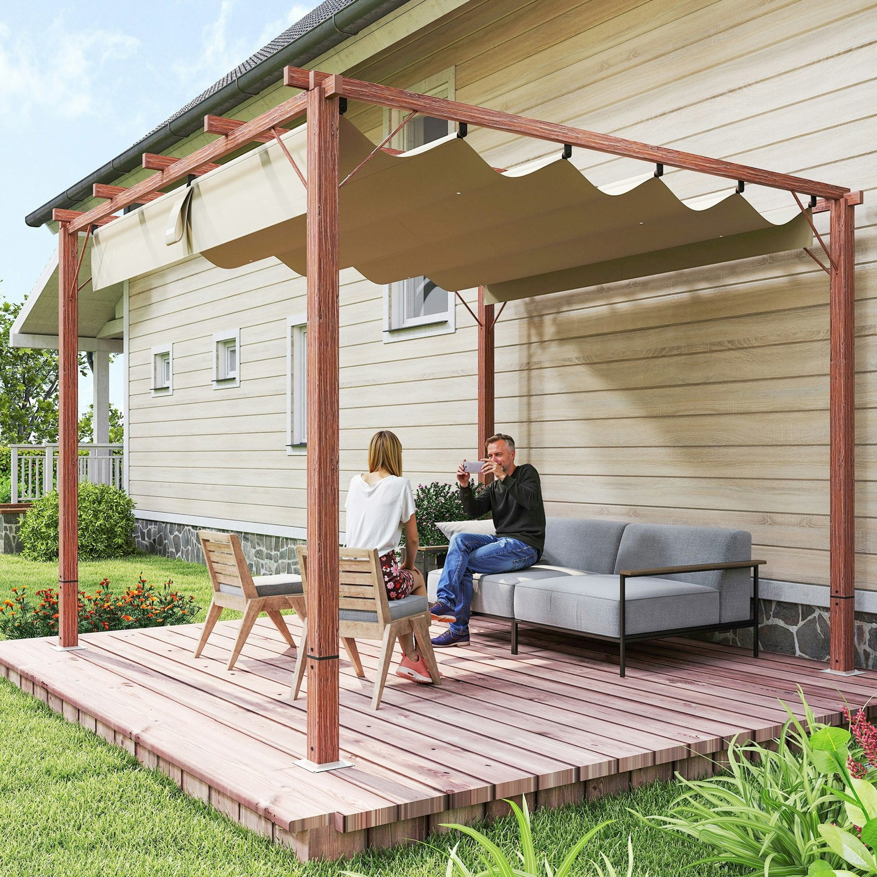 Rackhams Grey 3 X 3(M) Aluminium Garden Pergola With Retractable Roof, - Natural Wood Finish - Aluminium, 180Gsm Polyester Fabric - 232H X 299L X 296Wcm