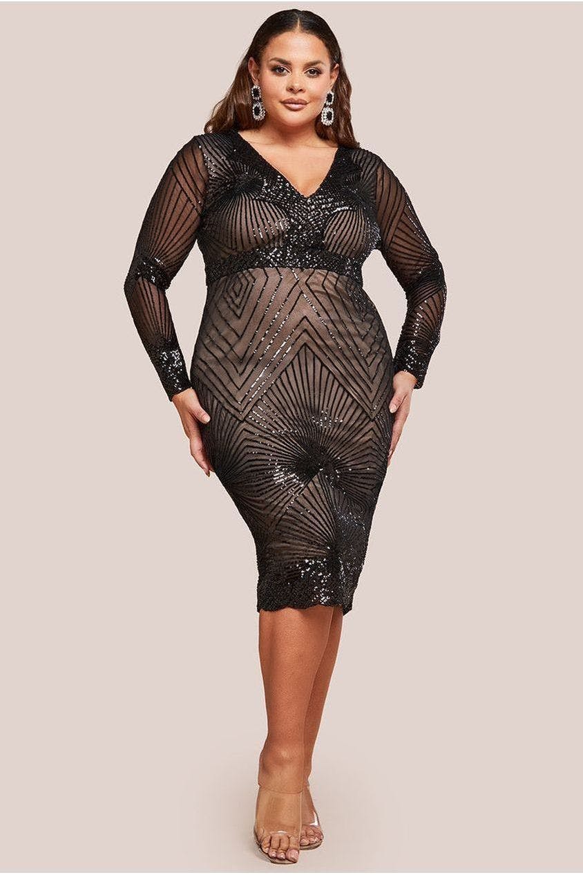 Goddiva Plus Black Scalloped Hem Starburst Midi Dress - By - 22