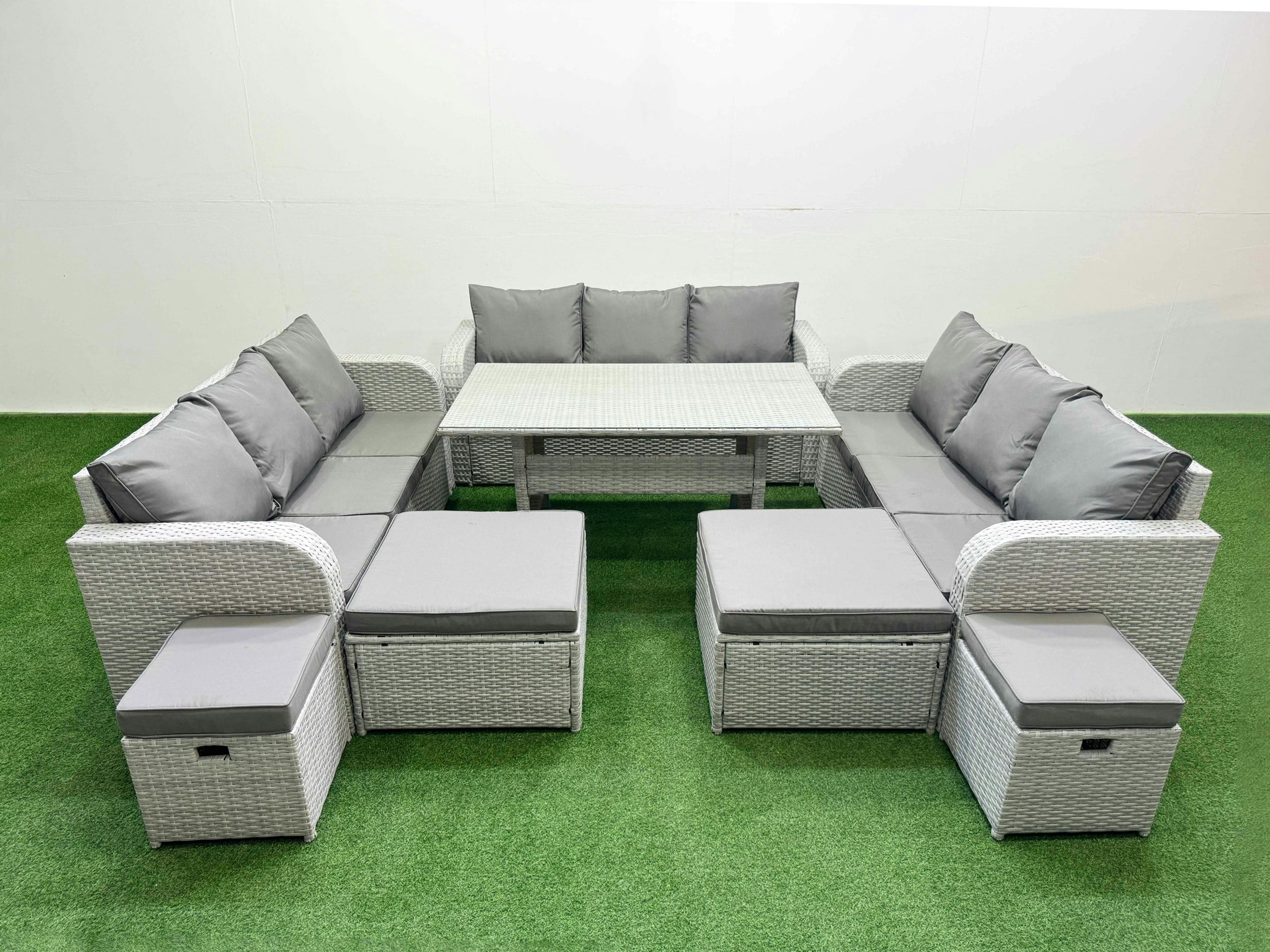 Fimous Light/Grey Pe Rattan Lounge Sofa Set 10 Seater Outdoor Garden Furniture Set With Dining Table 3 Seater Sofa 2 Big Footstools