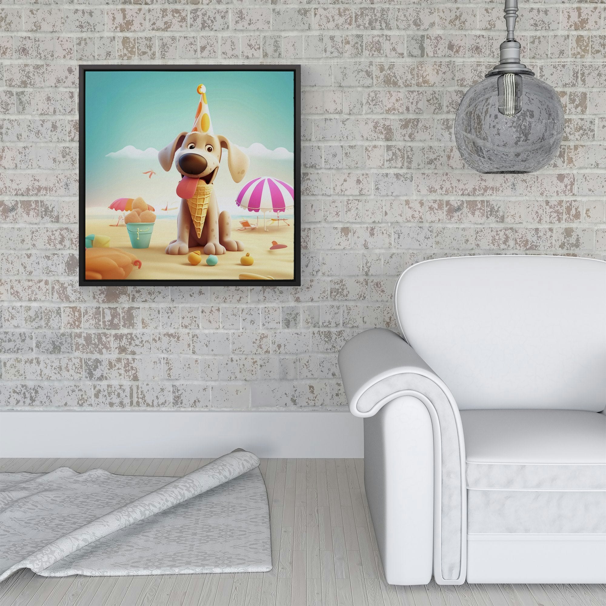 Rackhams Black Dog On A Beach Holiday Framed Canvas - 40" X 40"