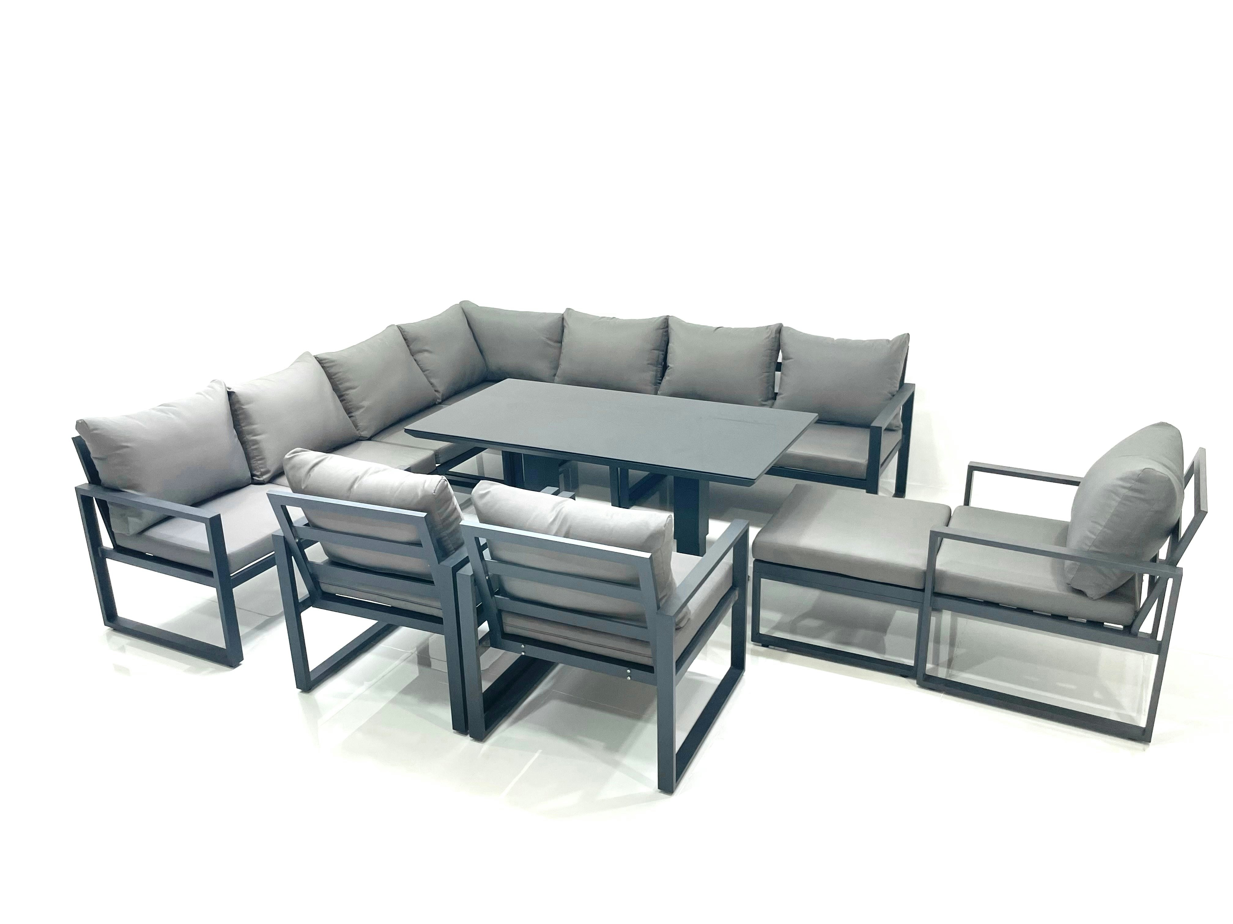 Fimous Dark/Grey 11 Seater Outdoor Aluminum Garden Furniture Set Corner Sofa Big Footstool 3 Chairs Adjustable Rising Lifting Dining Table Sets