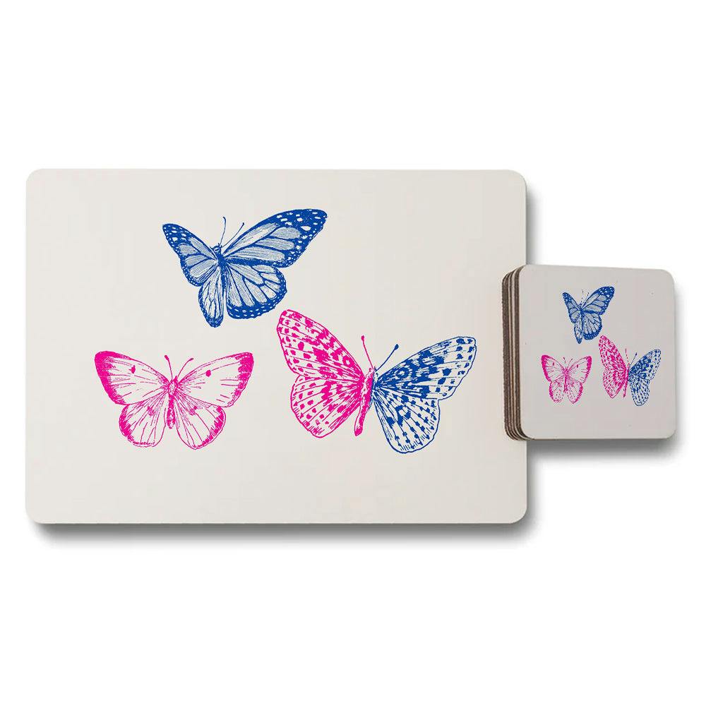 Rackhams Pink/Blue Butterfly Design Placemat And Coaster Set With And Butterflies