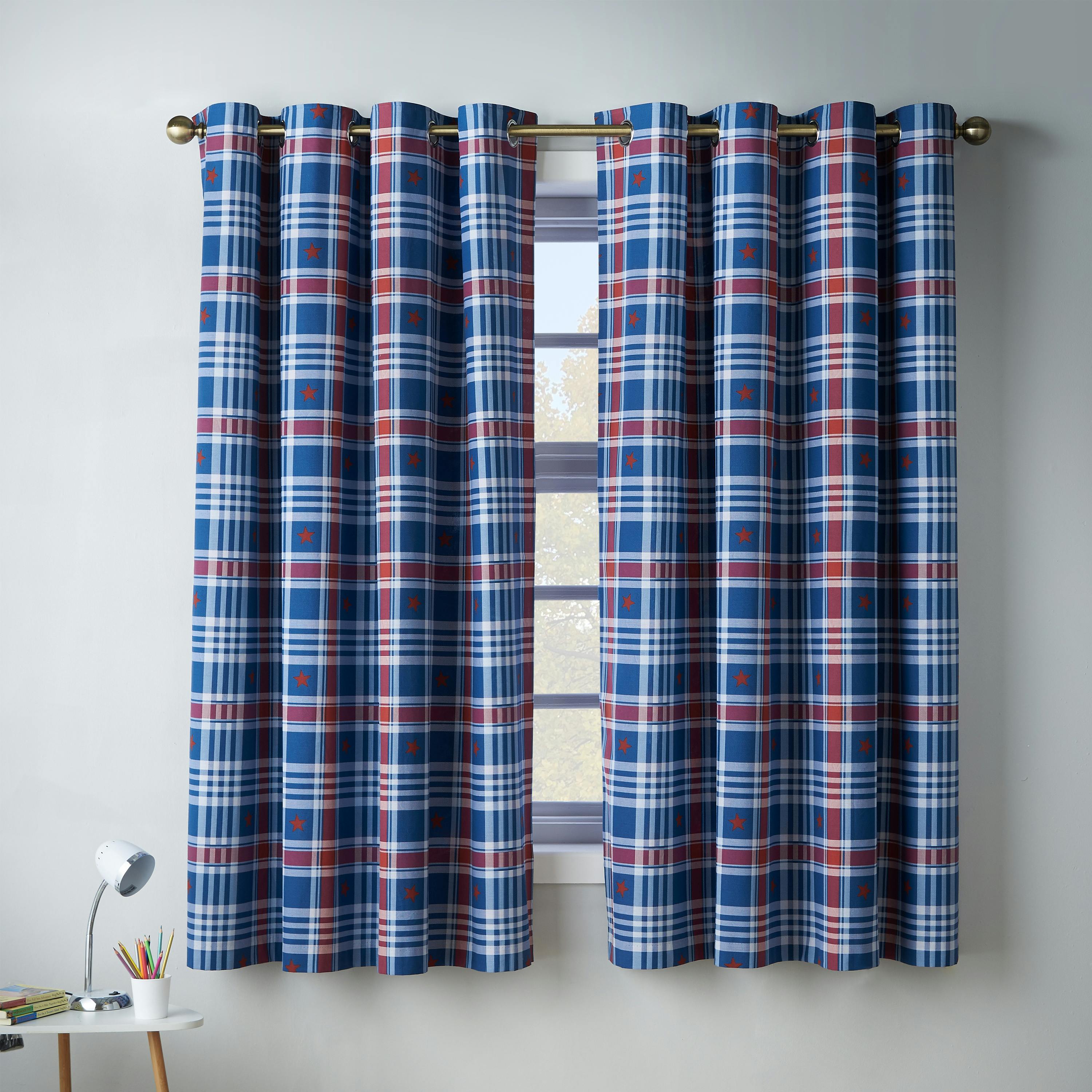 Catherine Lansfield Blue Stars And Check Fully Reversible Eyelet Curtains - 66 X 72 Inch