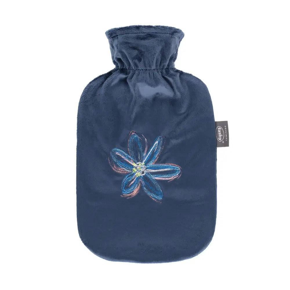 Rackhams 2 Litre Hot Water Bottle With Floral Plush Cover - Navy