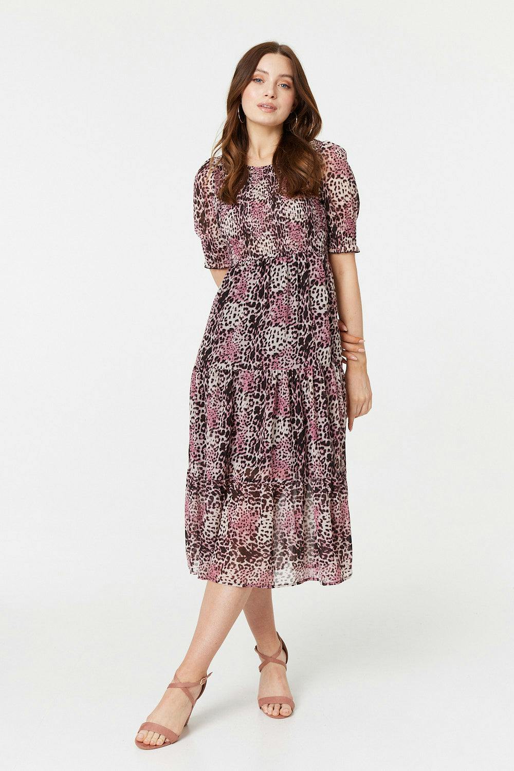 Izabel London Pink Animal Print Midi Smock Dress - 18