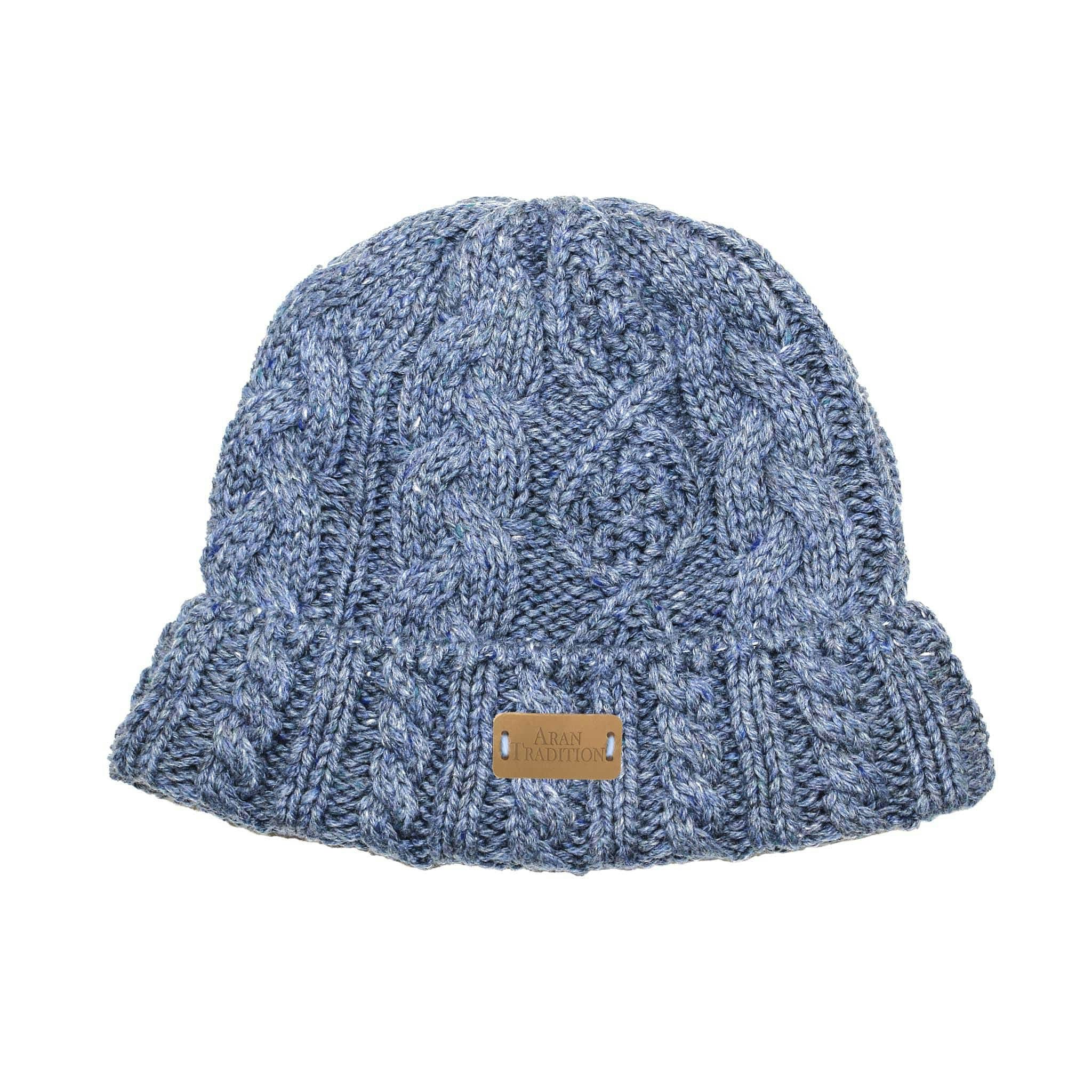 Aran Traditions Blue Aran Donegal Cable Turn Up Beanie Hat - Denim