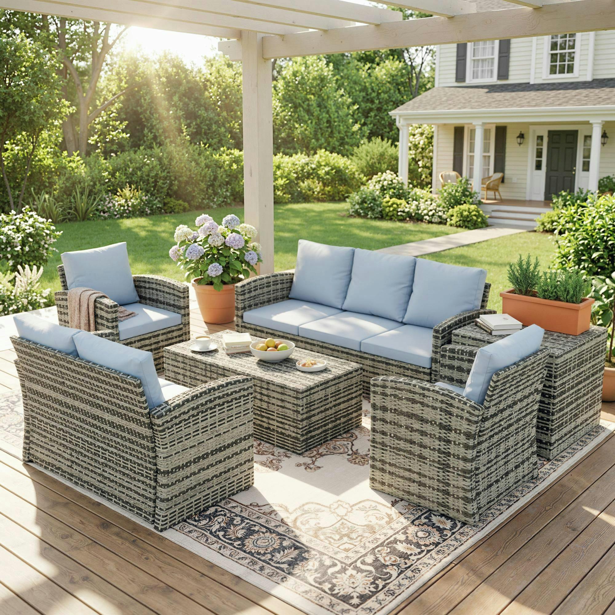 Rackhams Grey 6 Pcs Patio Rattan Sofa Set Conversation Furniture
