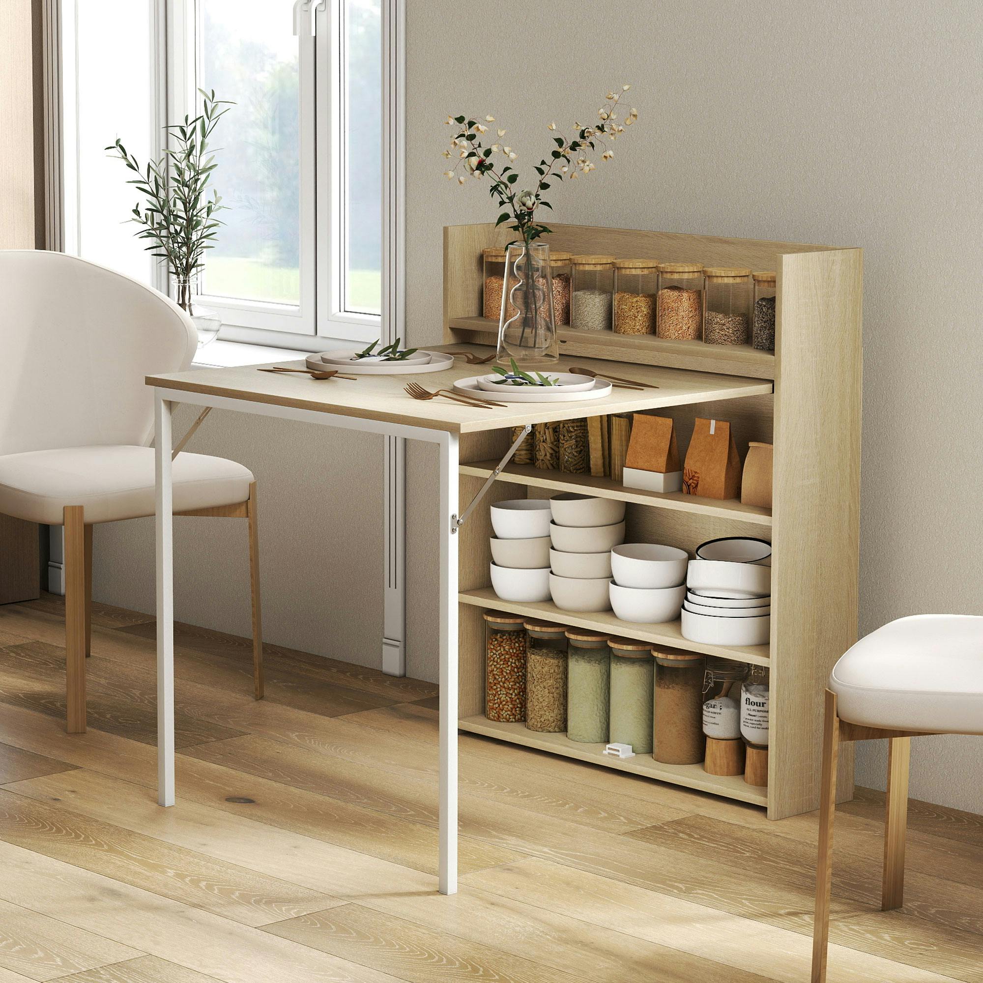 Homcom White Folding Dining Table, Kitchen Table With Shelves Oak Wood Effect - Steel