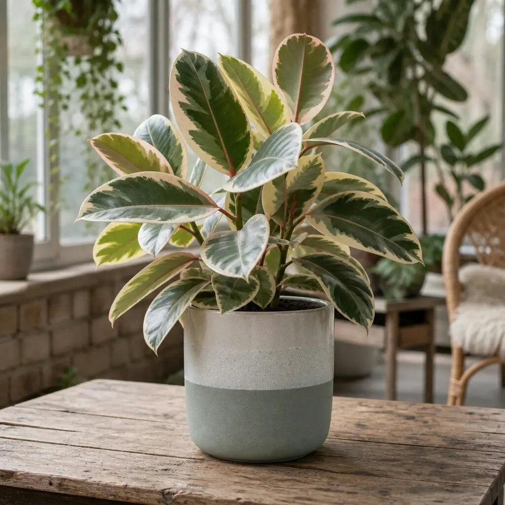 Green Ficus Tineke Rubber Plant 5L – Variegated Indoor Houseplant - Stoneware Pot