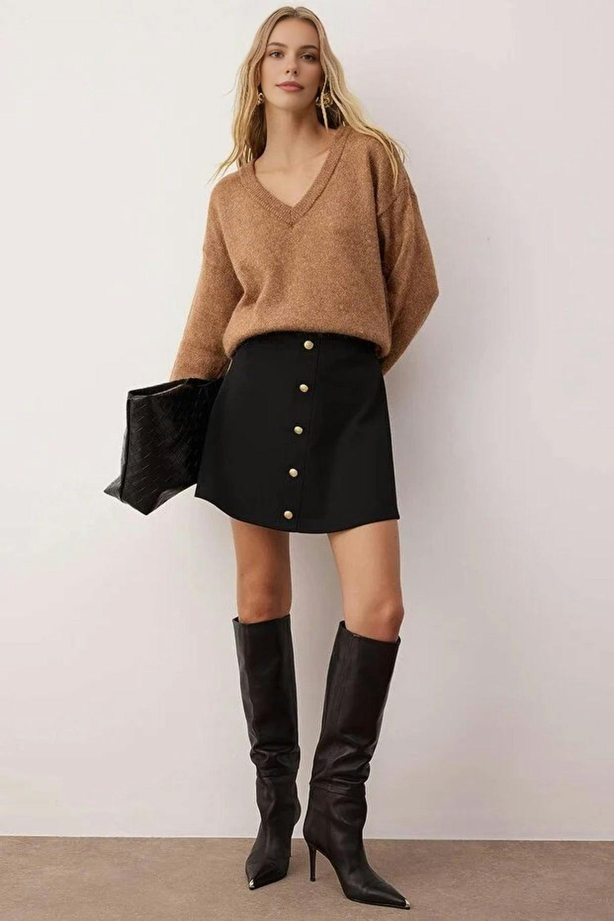 Wovcor Black A-Line Knit Mini Skirt With Buttons - Xs