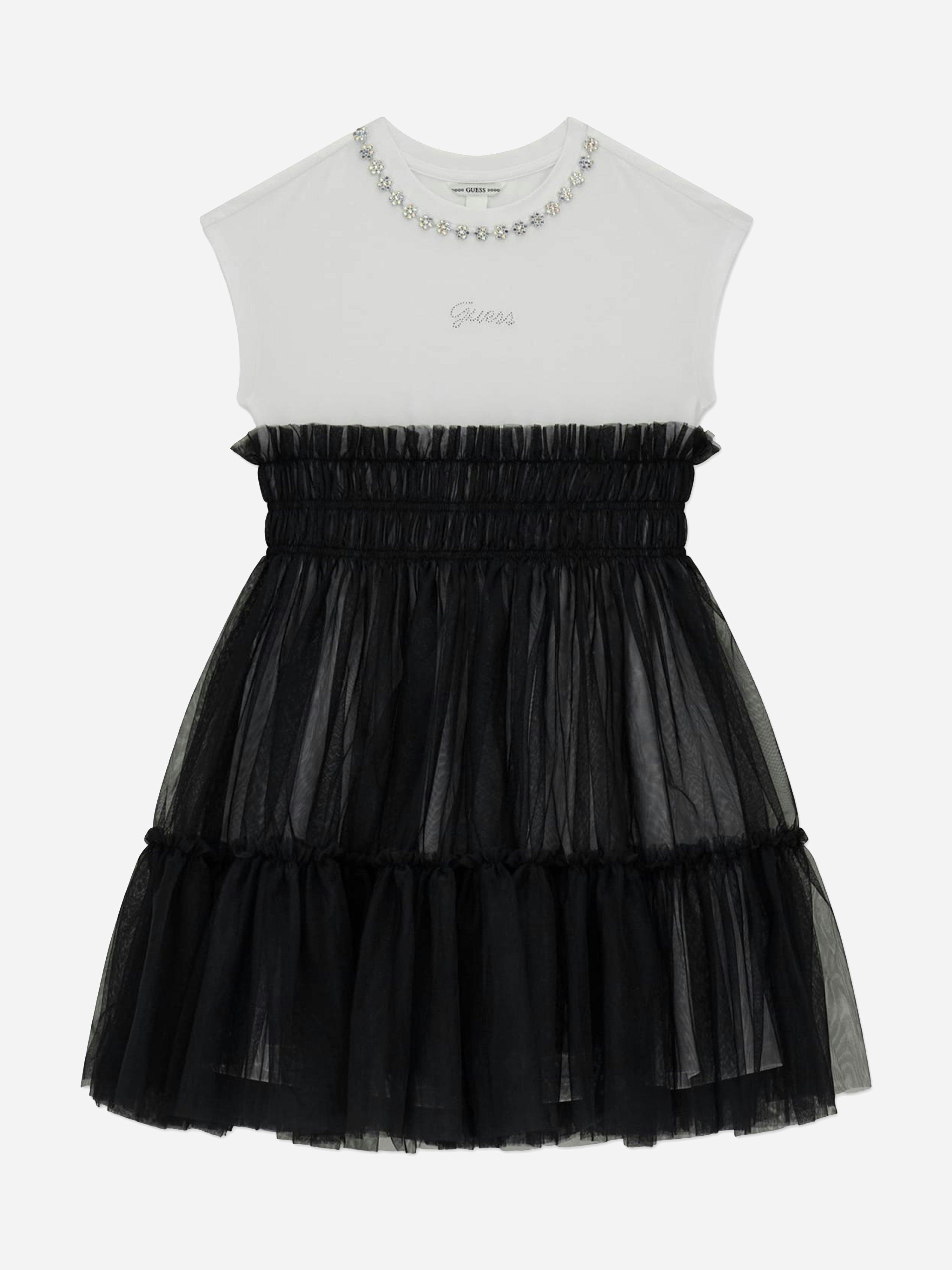 Guess Girls Black Mixed Fabric Dress In - 8 Yrs