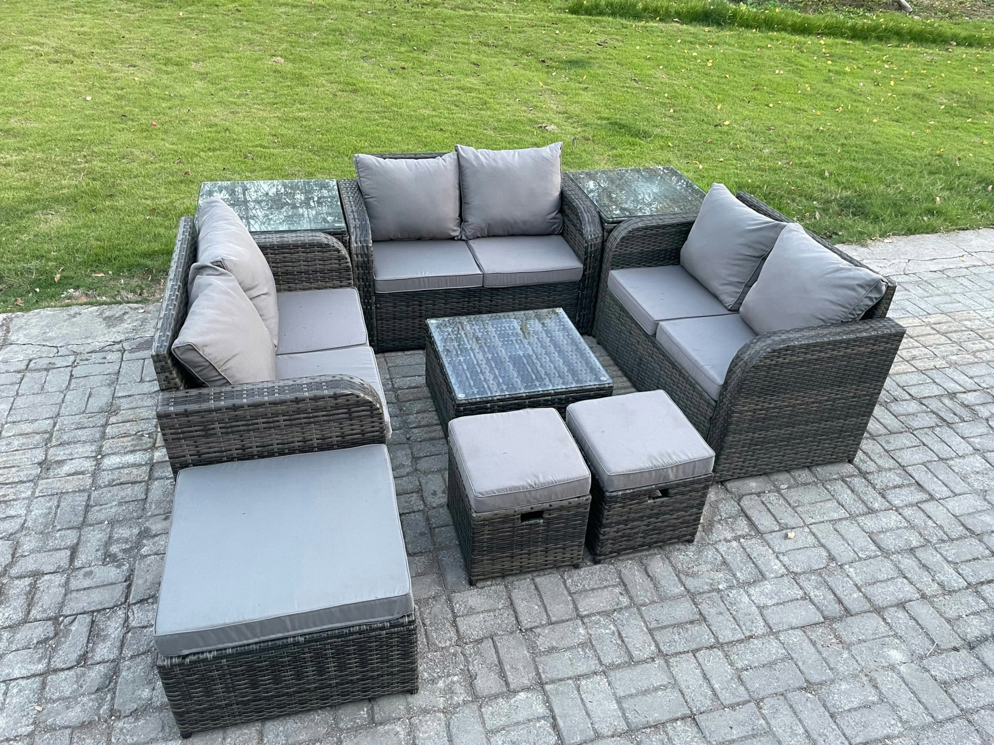 Rackhams Dark/Grey 9 Seater Outdoor Garden Furniture Sets Wicker Rattan Furniture Sofa Sets With Square Coffee Table Love Seat Sofa 3 Footstools 2 Side Tables