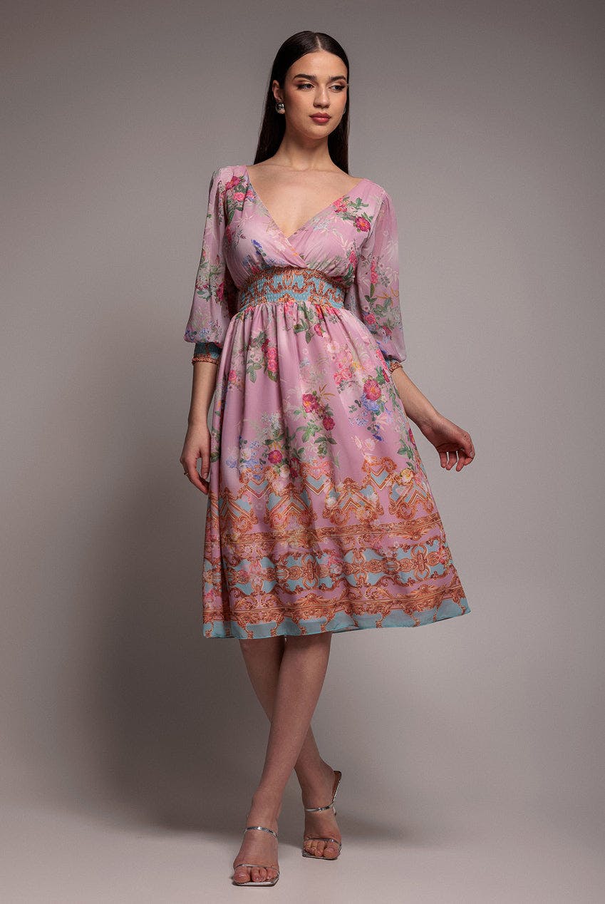 Goddiva Pink Chiffon Wrap Border Floral Print Midi Dress - By - 18