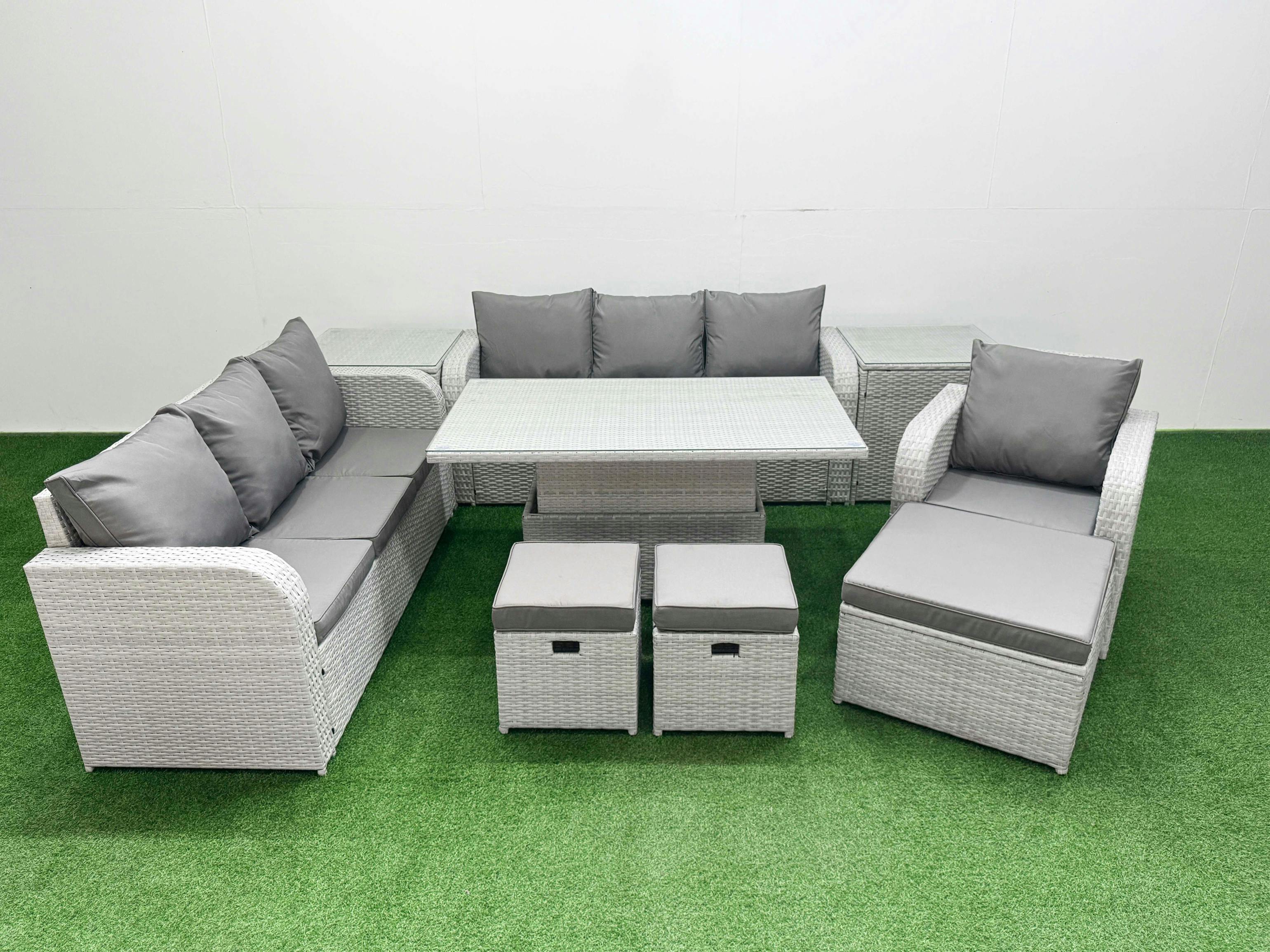 Rackhams Light/Grey 10 Seater Poly Rattan Garden Furniture Patio Set, Adj Height Table, 3 Seater Sofas, Reclining Chair, 3 Stools, 2 Side Table,