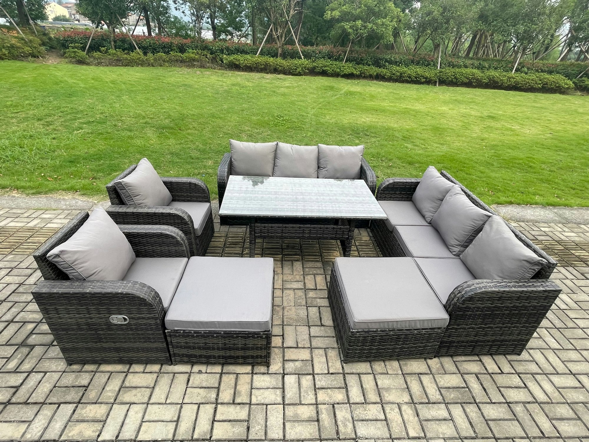 Fimous Dark/Grey Patio Rattan Garden Furniture Set With Oblong Rectangular Dining Table 10 Seater Outdoor Lounge Sofa Set Mixed