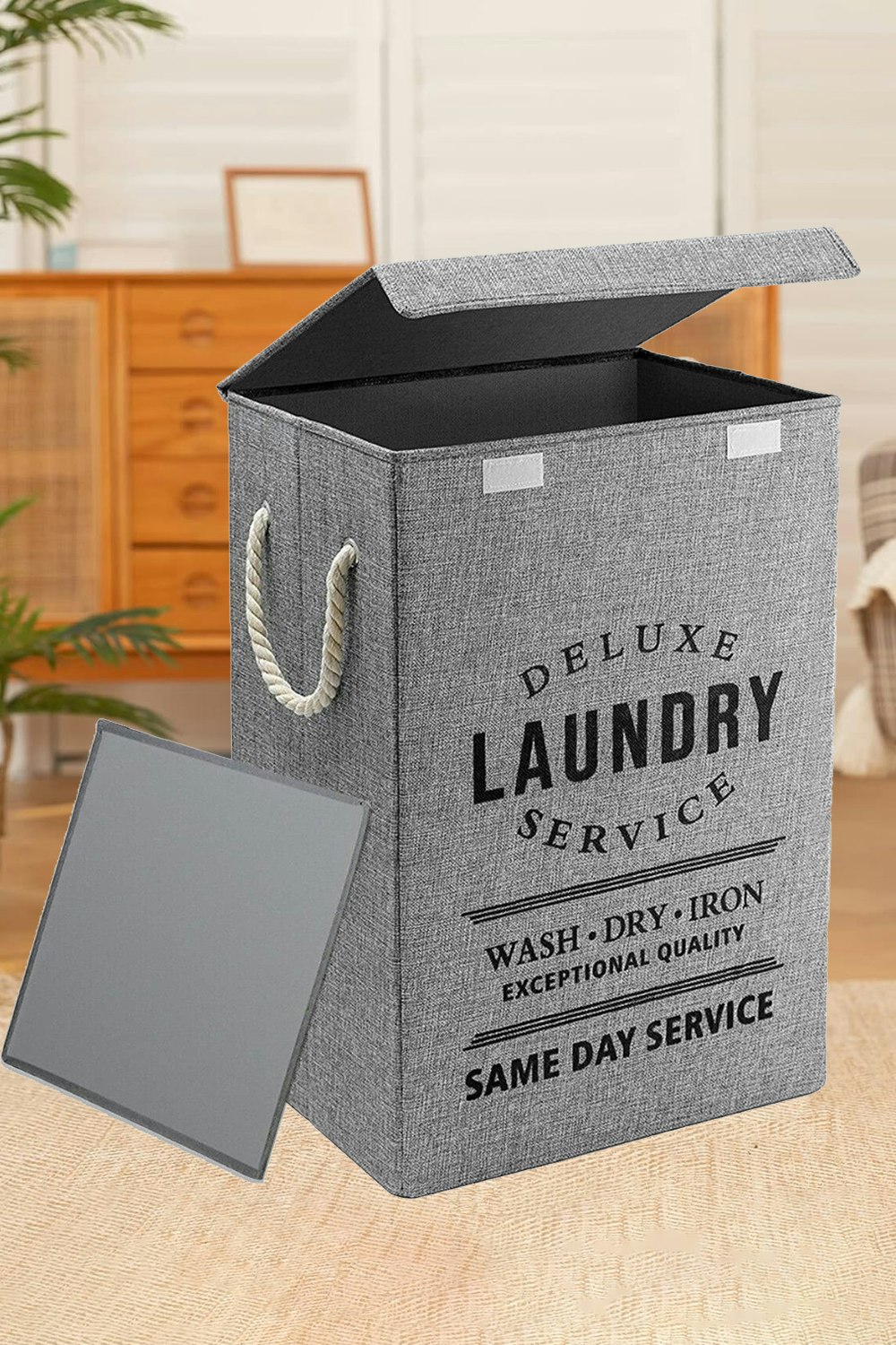 Rackhams Grey Foldable Household Laundry Hamper Laundry Basket With Lid And Rope Handle