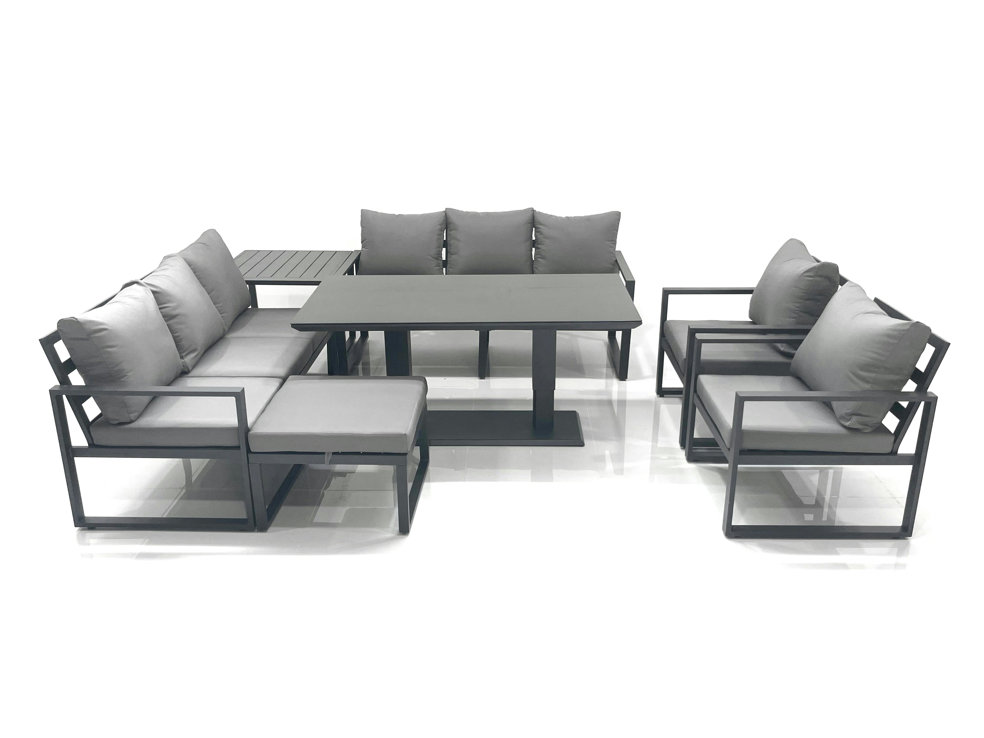 Rackhams Dark/Grey Garden Sofa Set Aluminium Furniture Rising Dining Tabe Set With 2 Chair Big Footstool Side Table