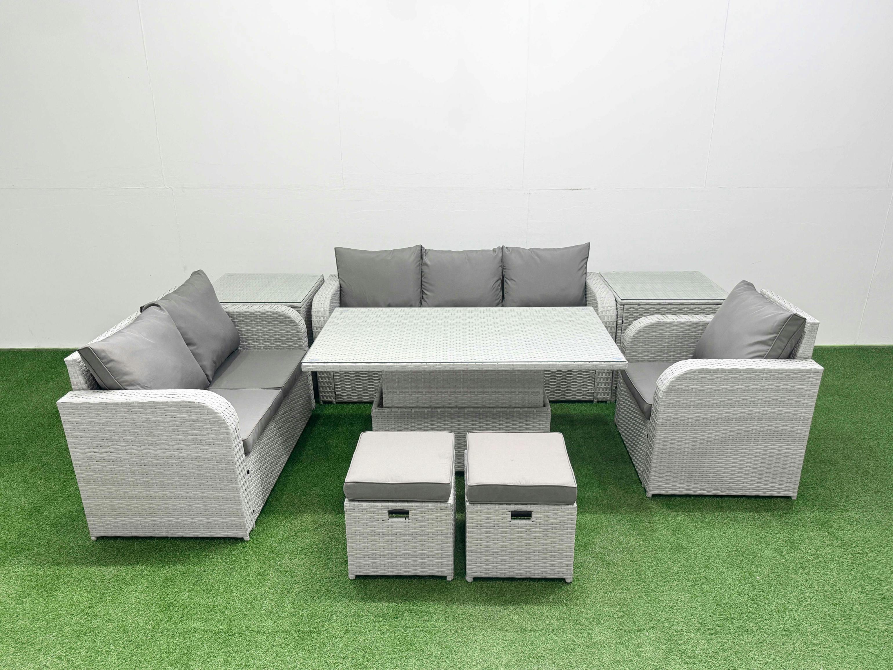 Rackhams Light/Grey 8 Seater Garden Furniture Set, Pe Rattan, Adj Height Table, Reclining Chair, Loveseat, 3 Seater Sofas, Stool And 2 Side Tables,