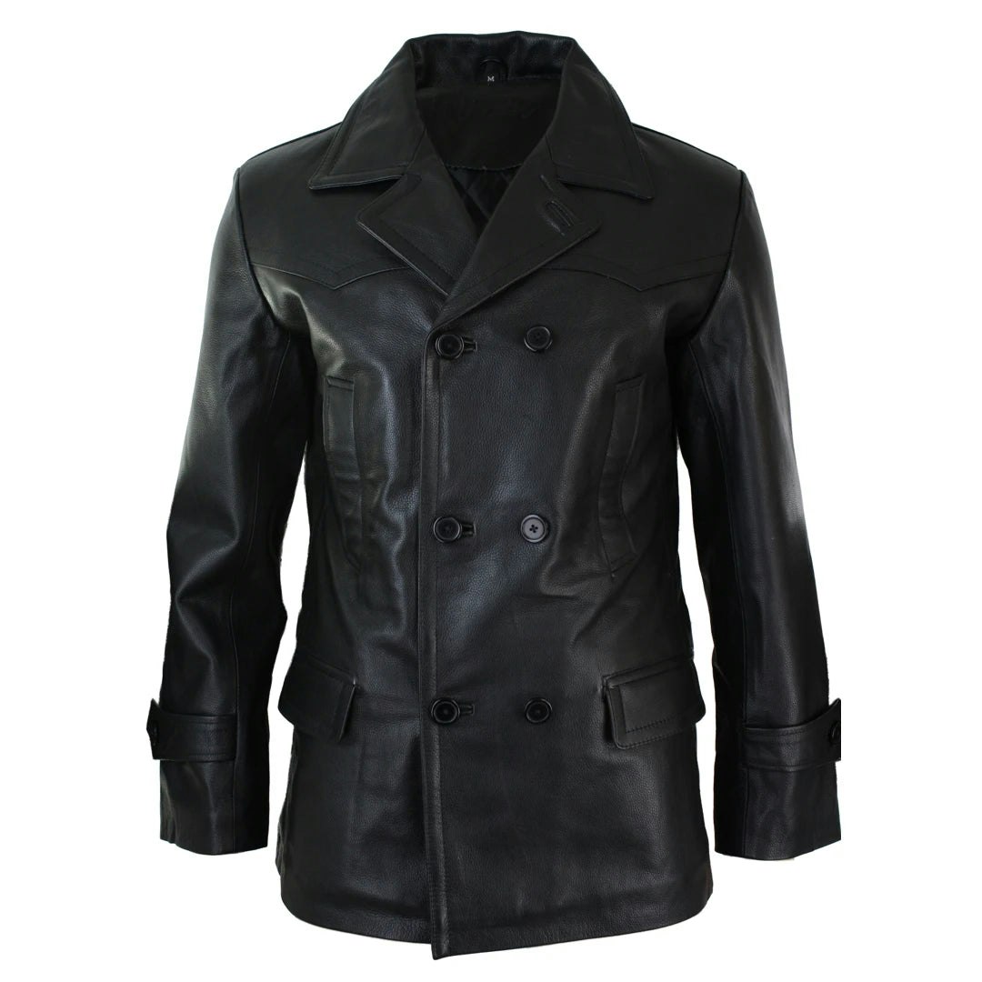 Infinity Leather Men's Black Leather Company 3/4 Double Breasted Leather Dr Who Kreigsmarine Uboat Jacket - Medium