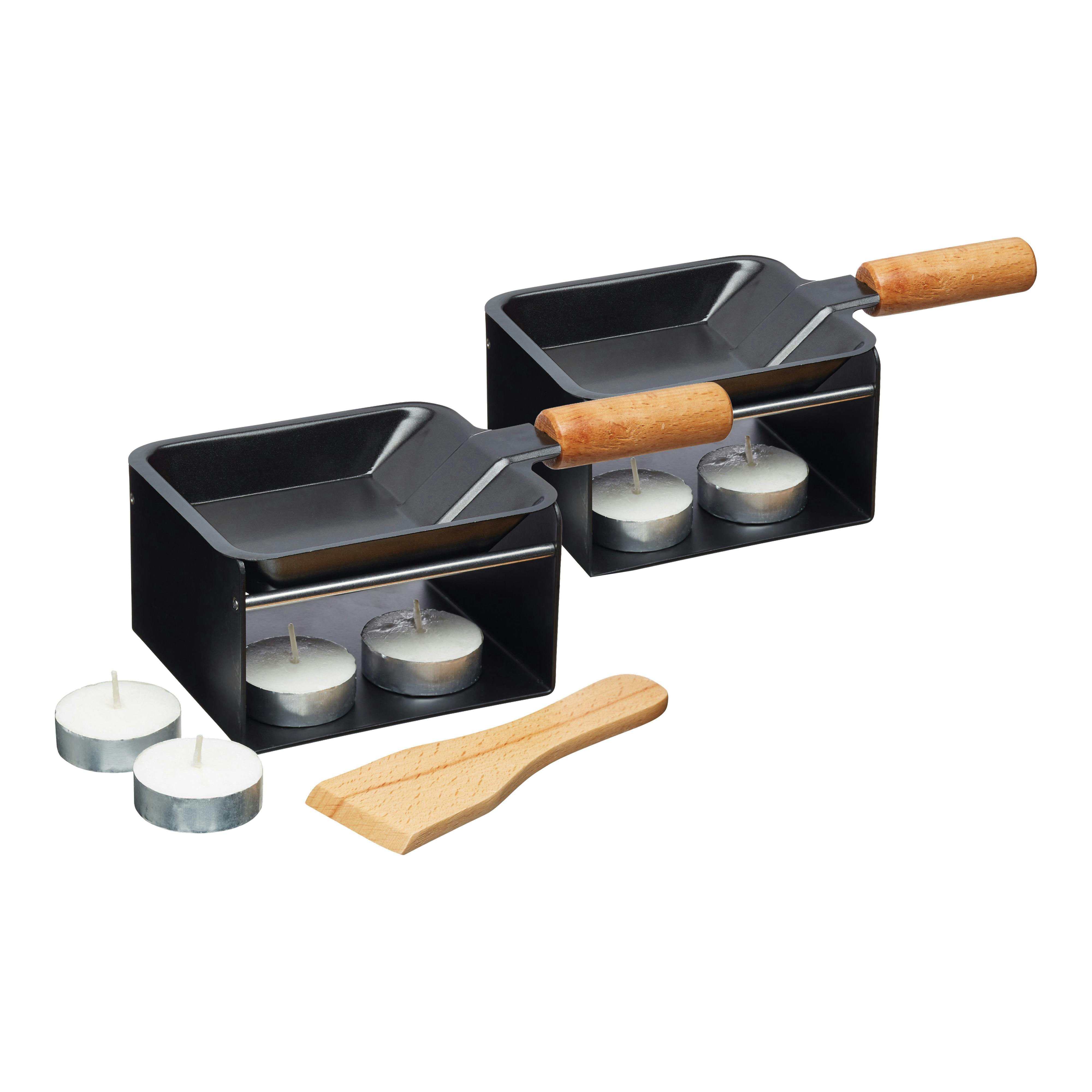 Rackhams Black Raclette Pans With Burner Stands, Candlelight Cheese Melting Non-Stick Pans With Wooden Spatulas, Set Of 2, 9.5 X 19 X 8Cm - Stainless Steel - Raclette Pans