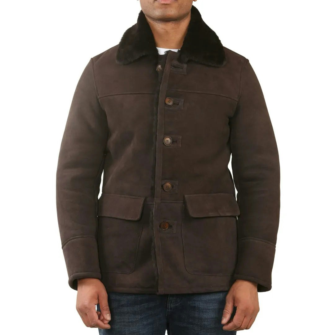 Infinity Leather Men's Brown Shearling Sheepskin Car Coat - Large