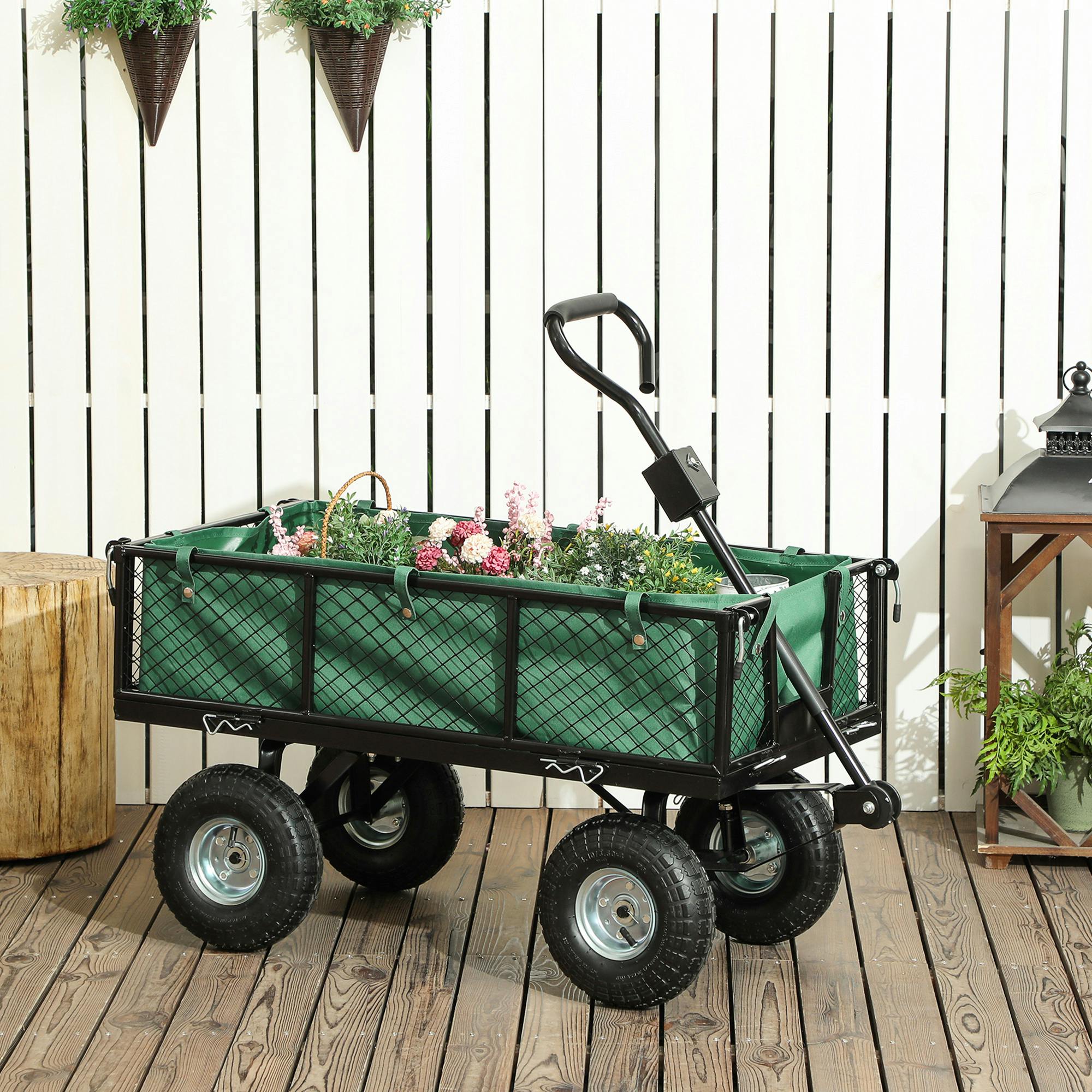 Outsunny Black/Green Garden Cart With Removable Liner, Quick-Release Sides,