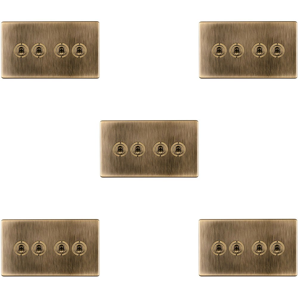 Rackhams Light Pack 4 Gang Quad Retro Toggle Switch Screwless Antique Brass 10A 2 Way Size 5