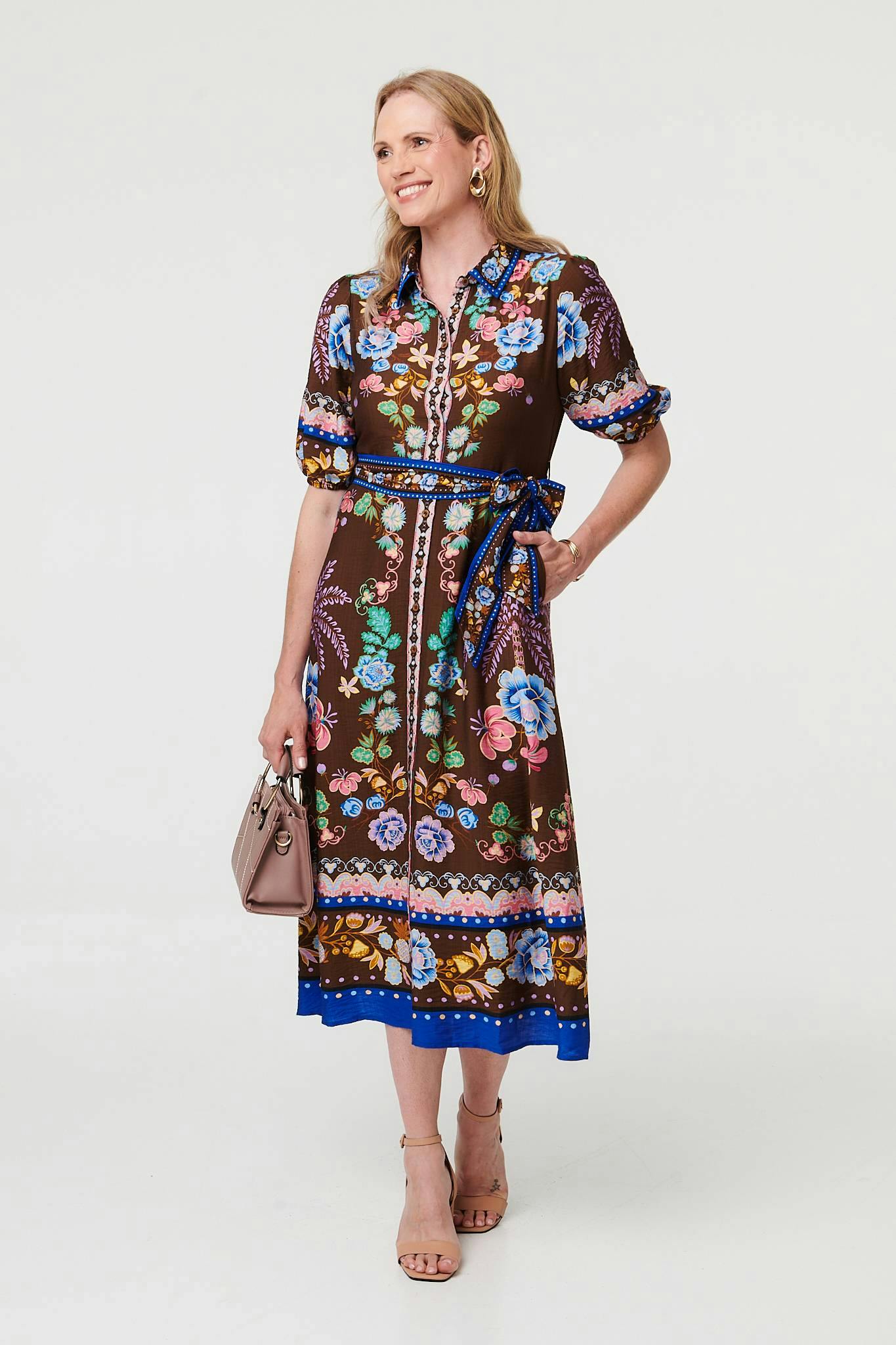 Izabel London Brown Floral 1/2 Puff Sleeve Shirt Midi Dress - 12