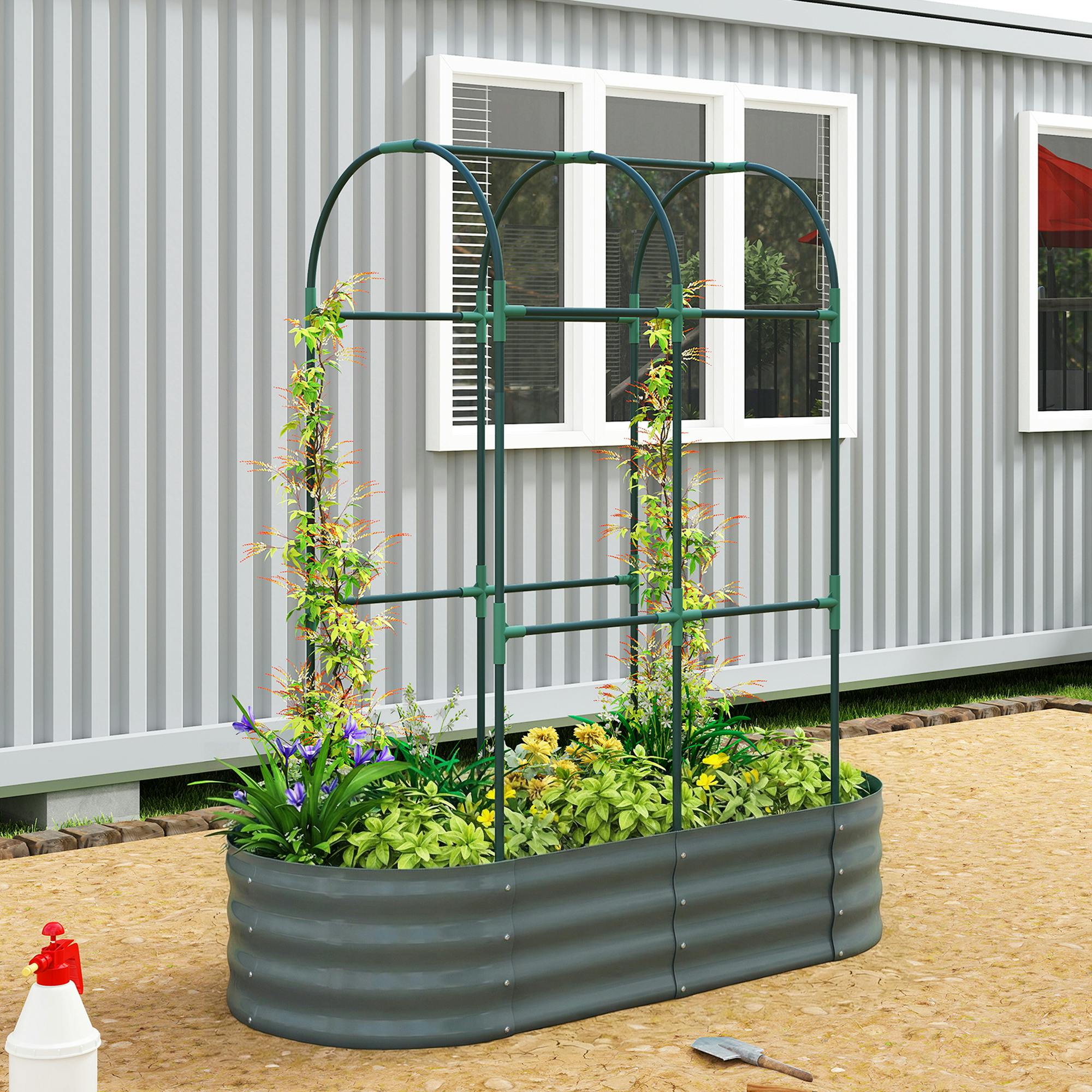 Rackhams Dark/Grey 4 X 2 X 4.6Ft Galvanised Raised Garden Bed With Trellis,