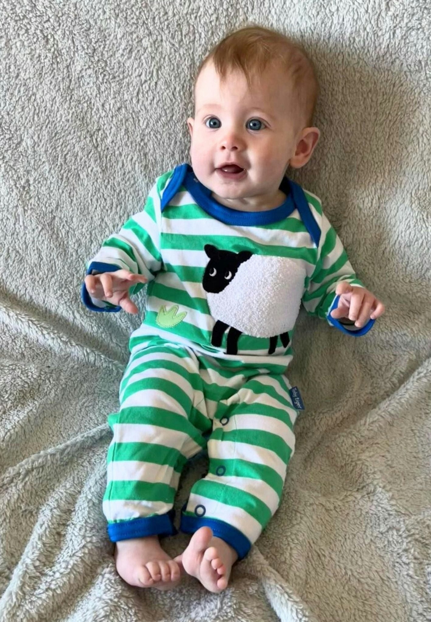 Toby Tiger Green/White Organic Hillside Sheep Applique Sleepsuit - 3-6M / 68Cm