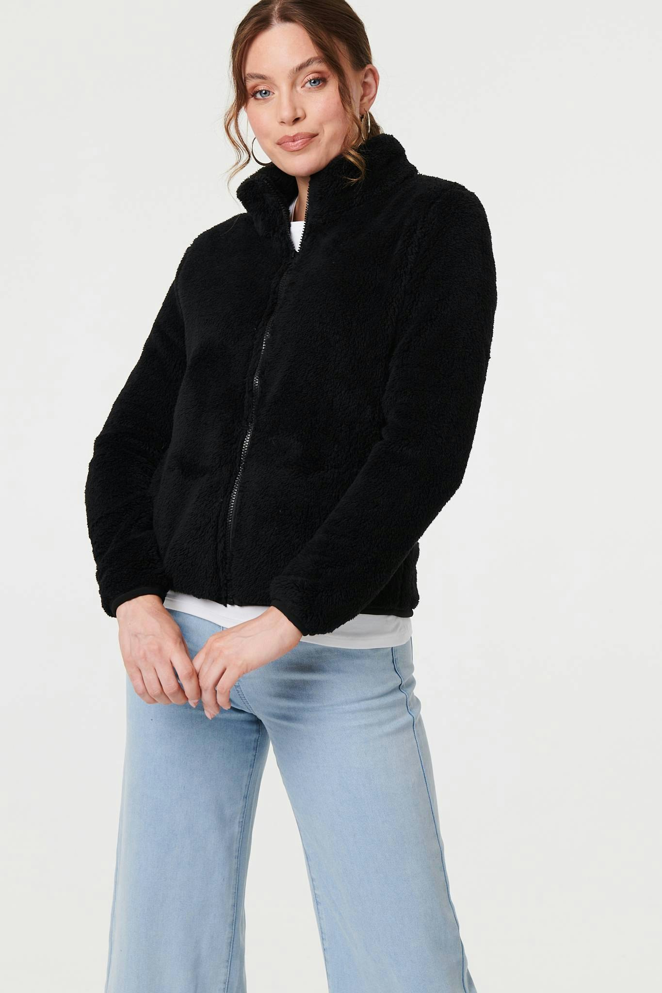 Izabel London Black Soft Texture Zip Front High Neck Fleece - 8
