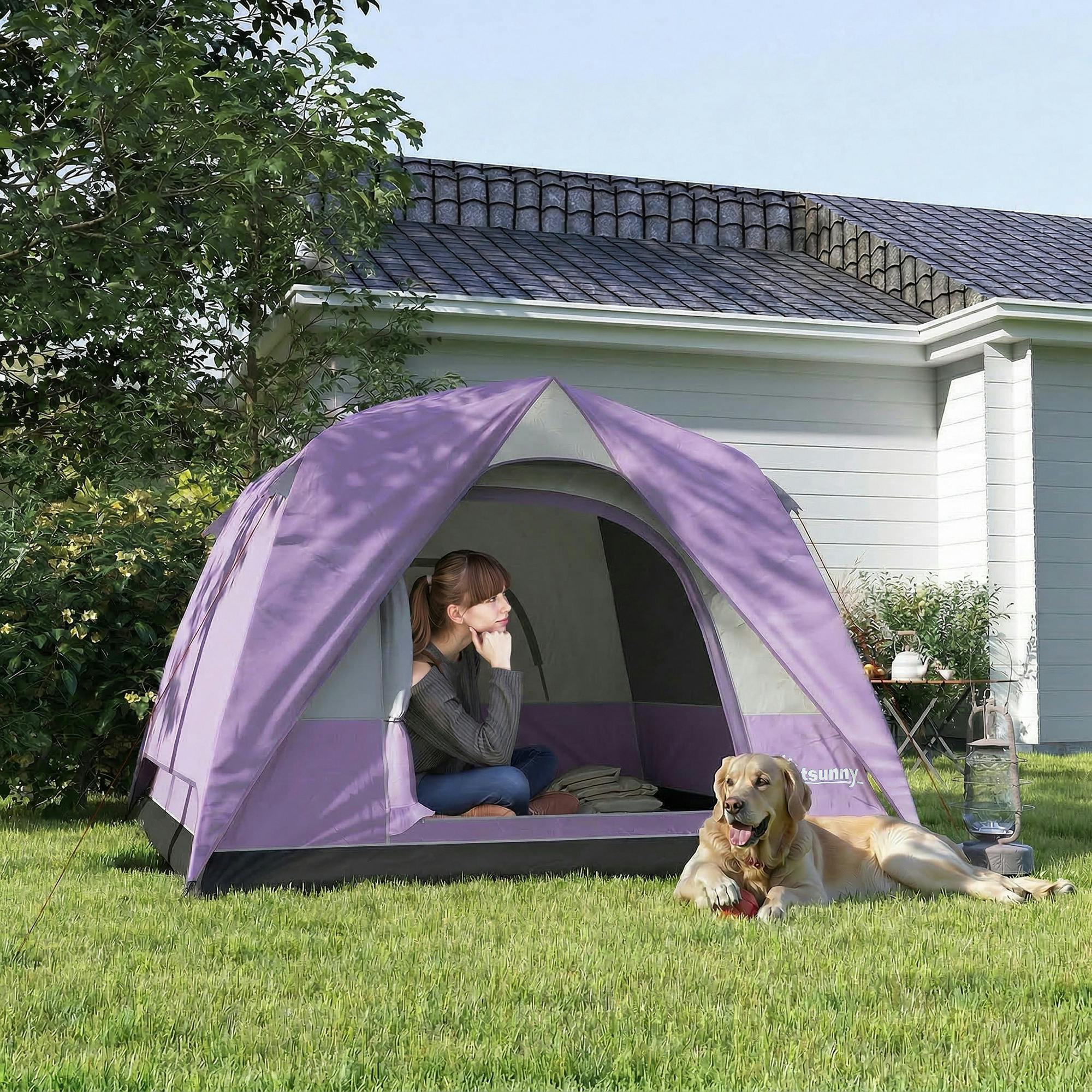 Outsunny Purple 3-4 Person Camping Tent, Waterproof Tent