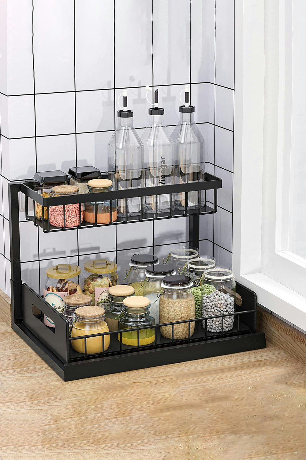 Rackhams Black 2-Tier Under Sink Cabinet Organizer Sliding Drawer Pull-Out Spice Rack