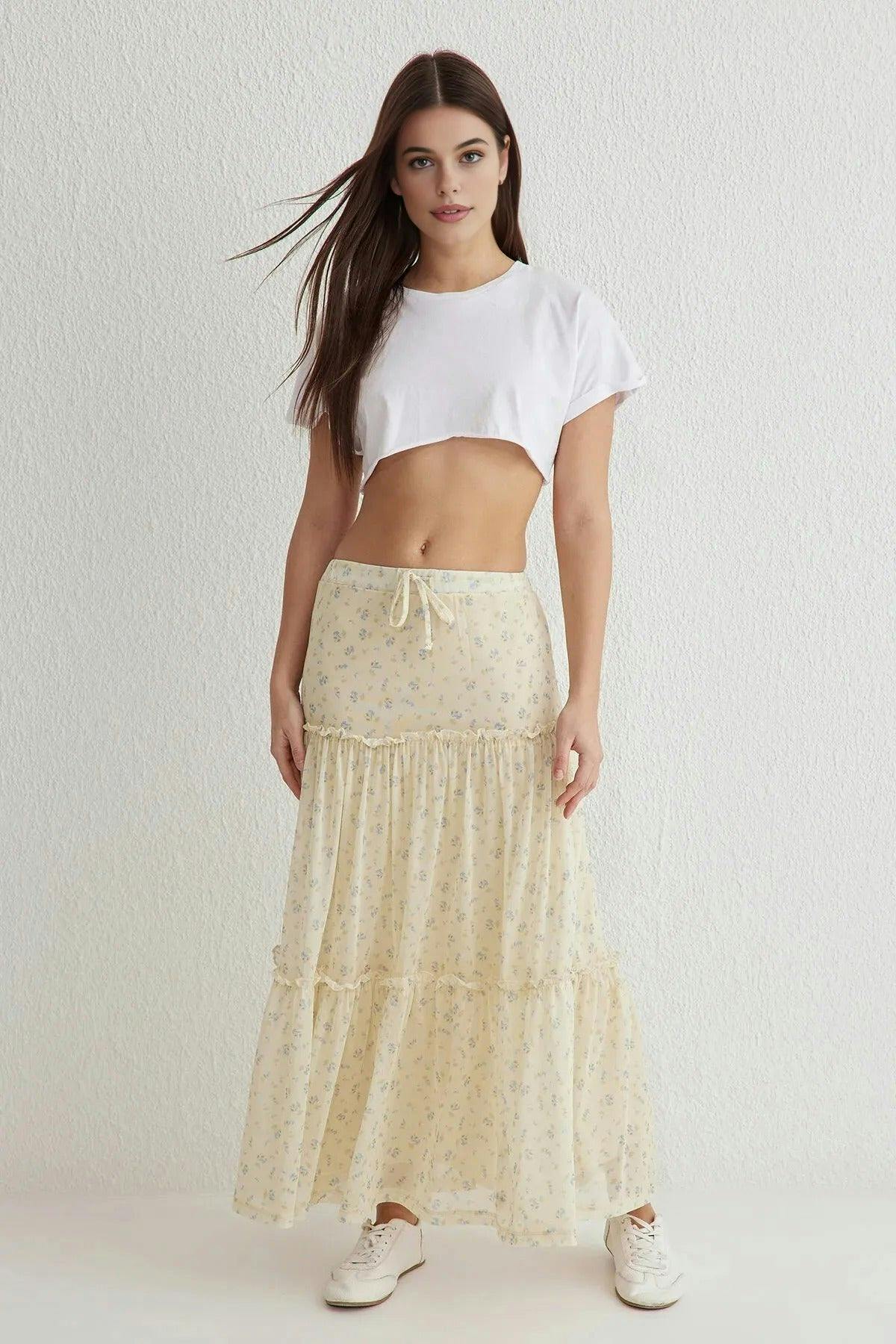 Wovcor Tulle Floral Print Maxi Drape Detail Knitted Skirt - Multi - Xs