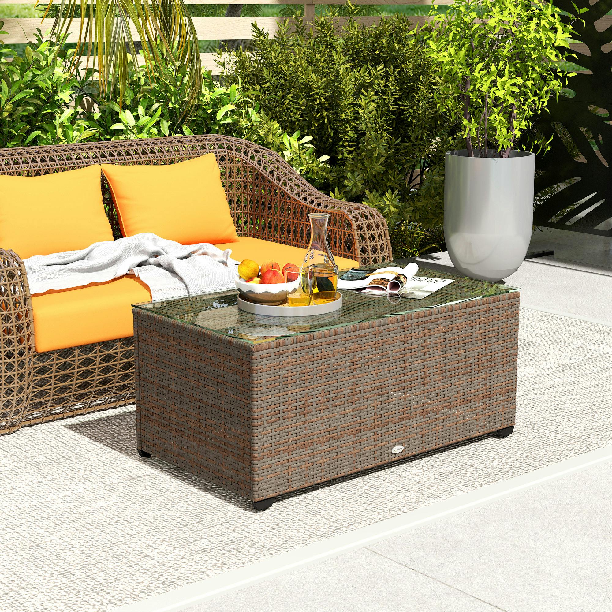 Rackhams Brown Outdoor Coffee Table, Glass Top Rattan Side Table,