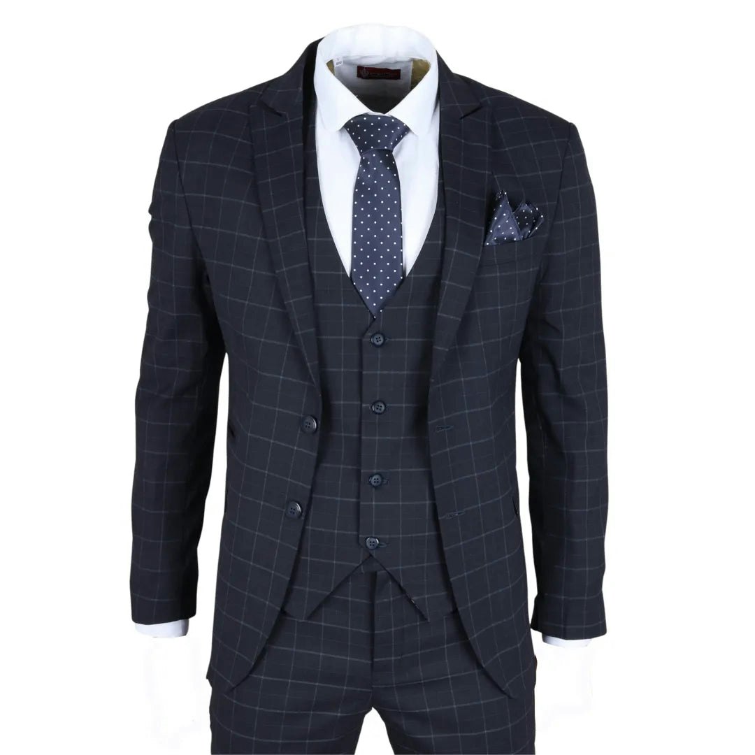 Truclothing Men's Im3 - Navy Checked Tailored Fit Suit - 52" Jacket 46" Trousers