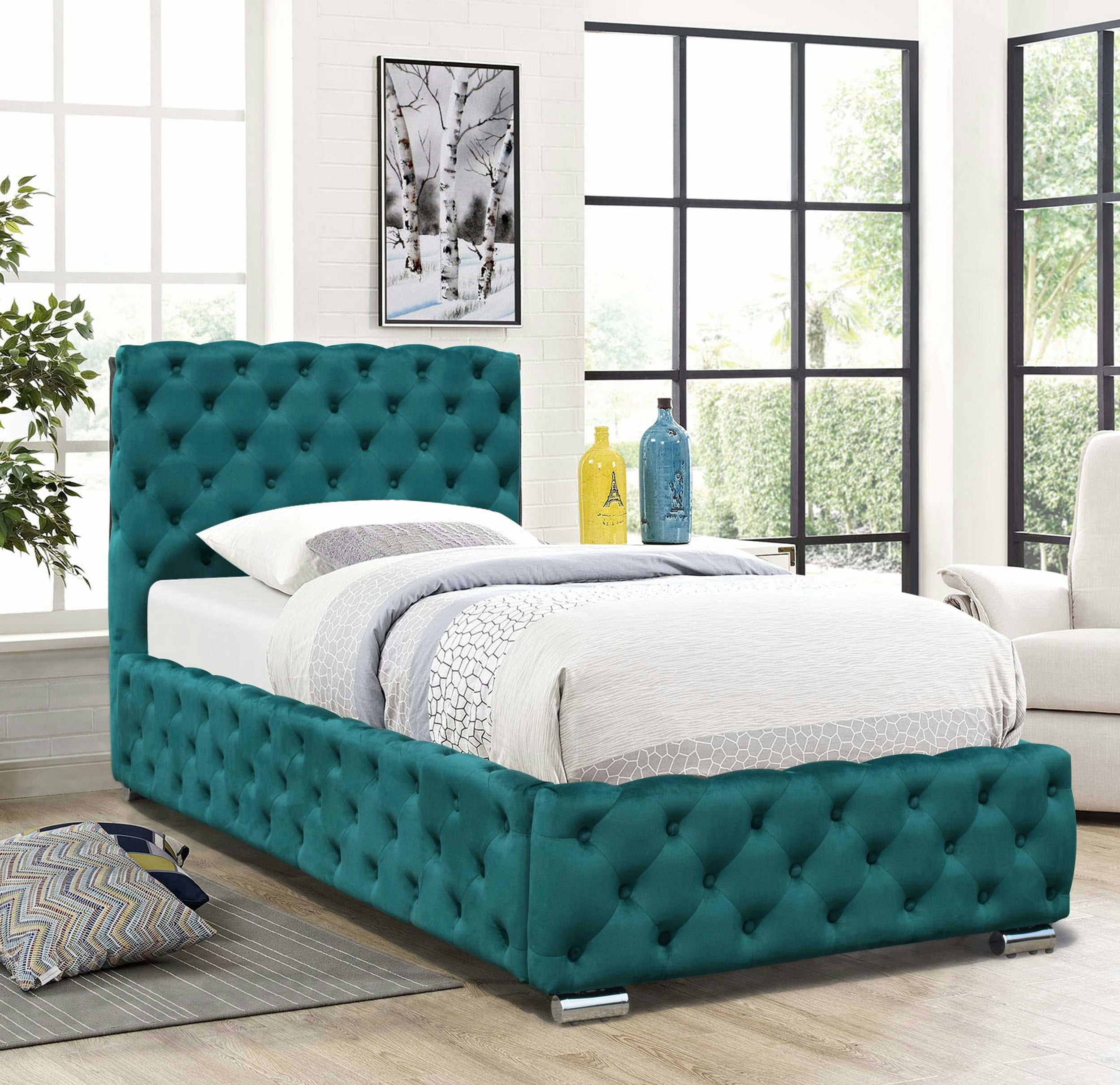 Rackhams Grey/Green Tufted Fabric Bed Frame In Or In 3Ft, 4Ft6 Or 5Ft Size Bedroom - Single