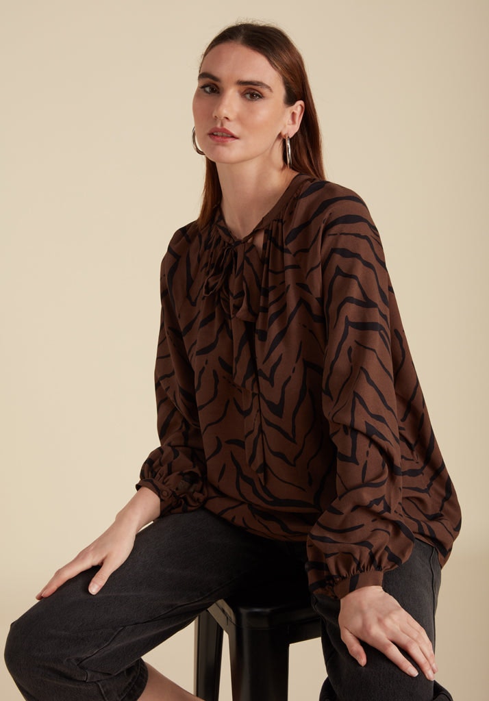 Lily And Lionel Brown Helena Bow Detail Tiger Print Blouse In - 12