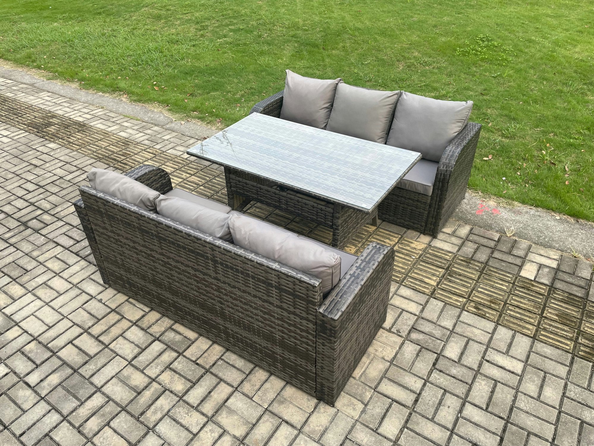 Rackhams Dark/Grey Patio Rattan Garden Furniture Set With Oblong Rectangular Dining Table 6 Seater Outdoor 3 Seater Sofa Set Mixed